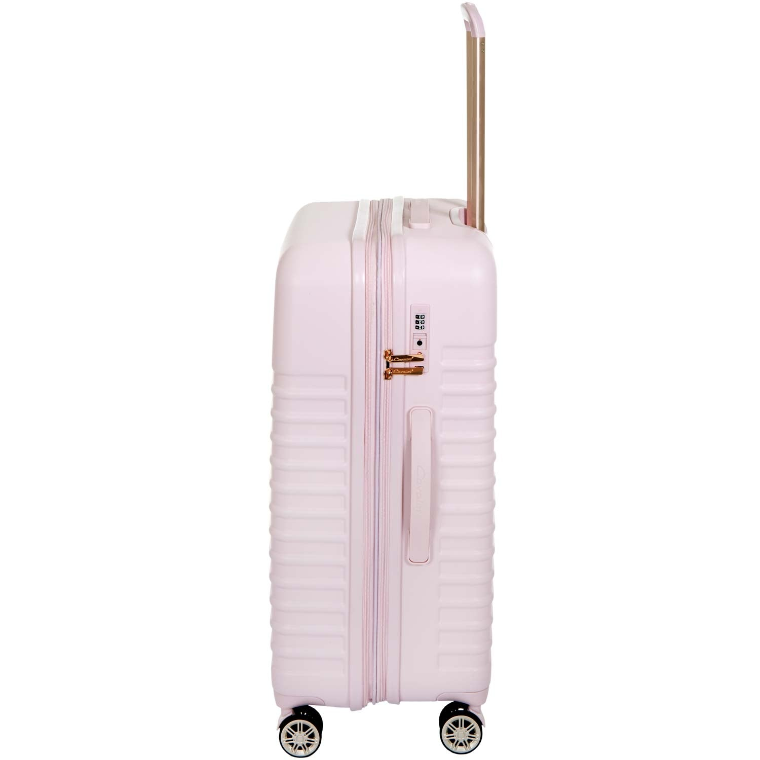 A light pink suitcase with a zipper, TSA lock, gold handle, and wheels, shown from the side.