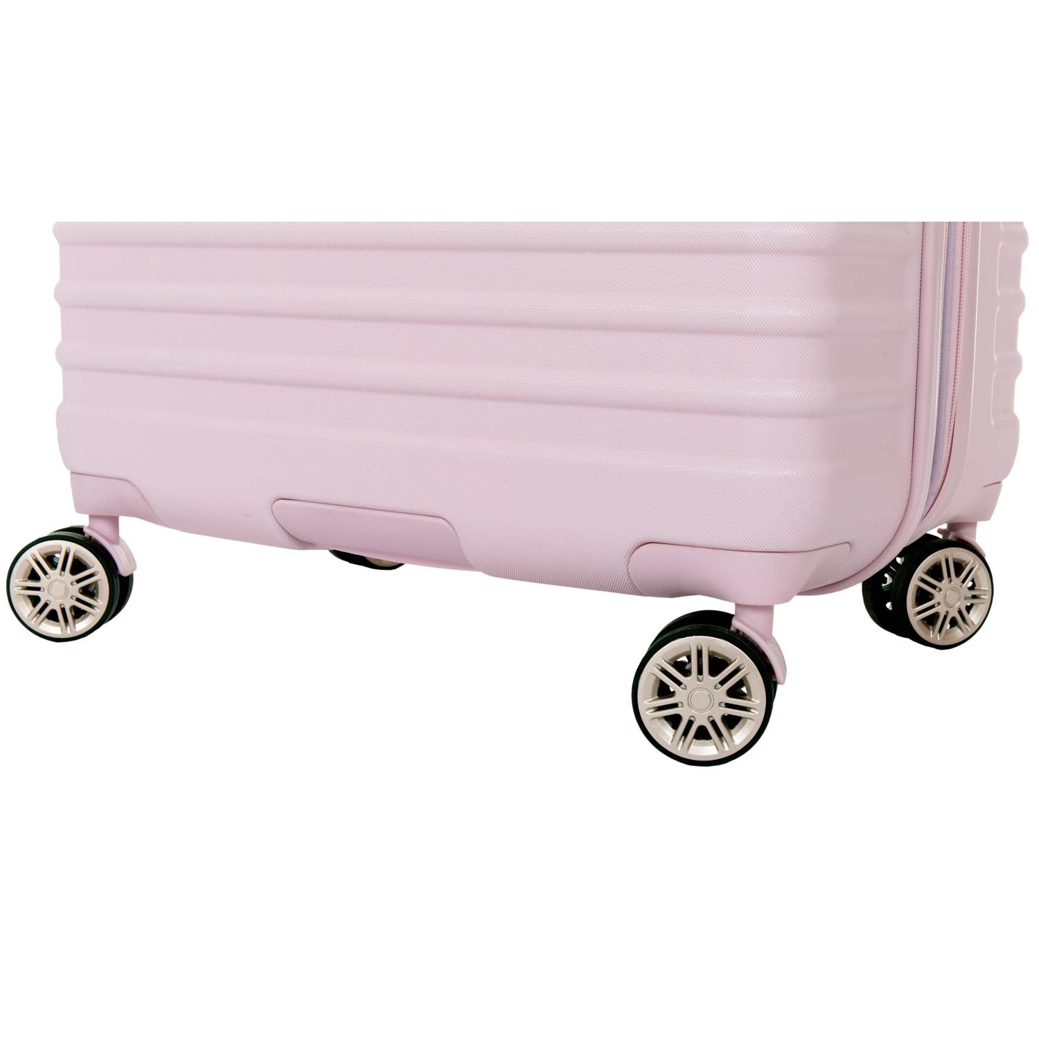 A pink suitcase with four wheels, close-up view.