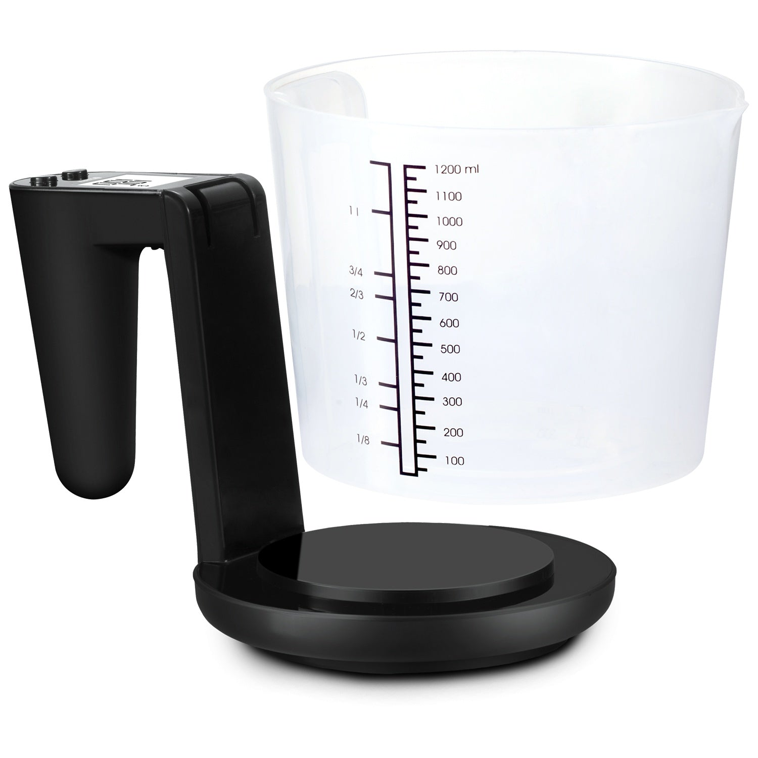 A black digital kitchen scale with a transparent measuring cup. Scale has digital display.