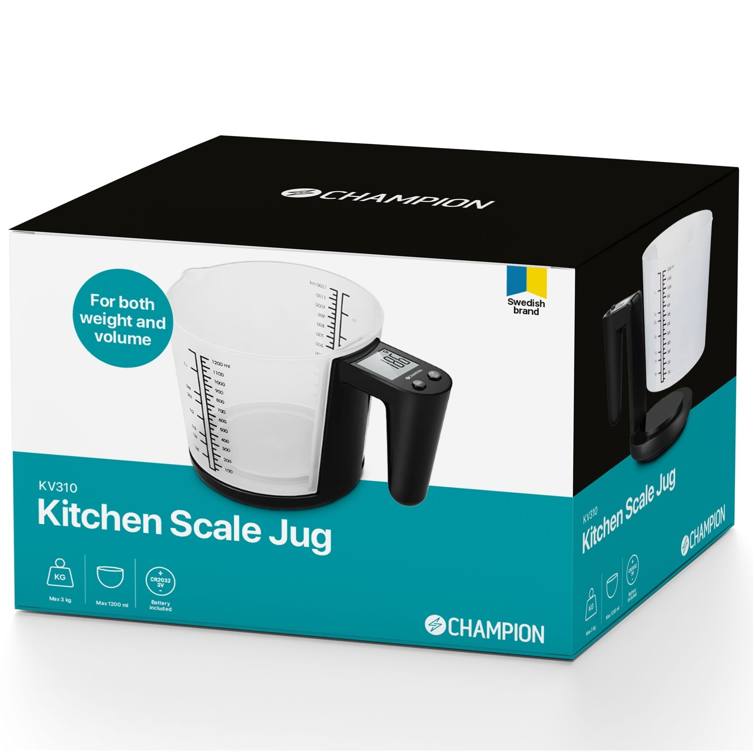 Packaging for a kitchen scale jug, capacity max 3kg and 1200ml.