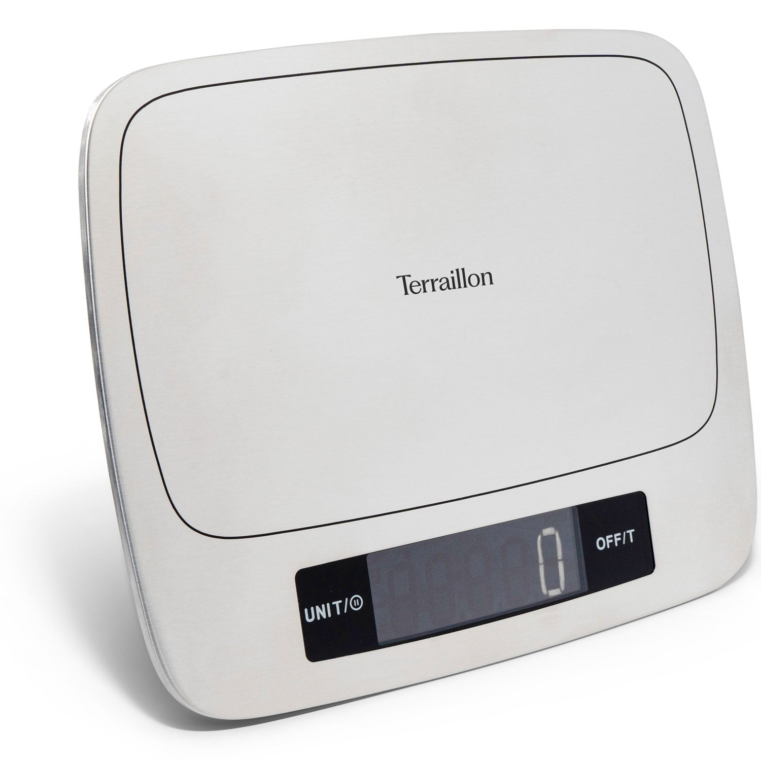 A silver Terraillon digital kitchen scale displays 0. Unit/0 and Off/T buttons visible.
