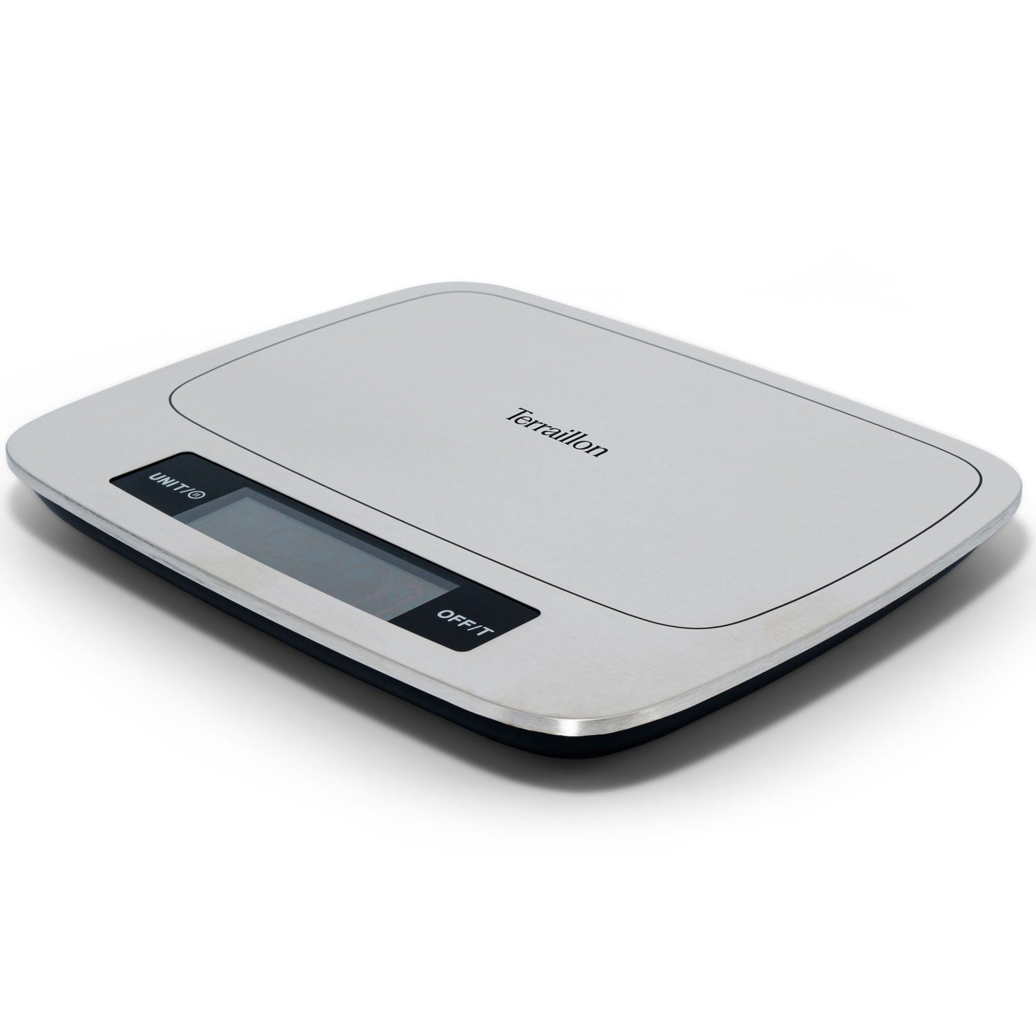 A sleek, silver digital kitchen scale with a black display and buttons.