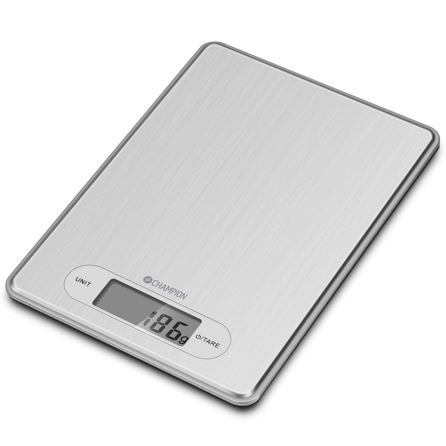 Zilveren digitale keukenweegschaal met LCD-display, toont 186g.