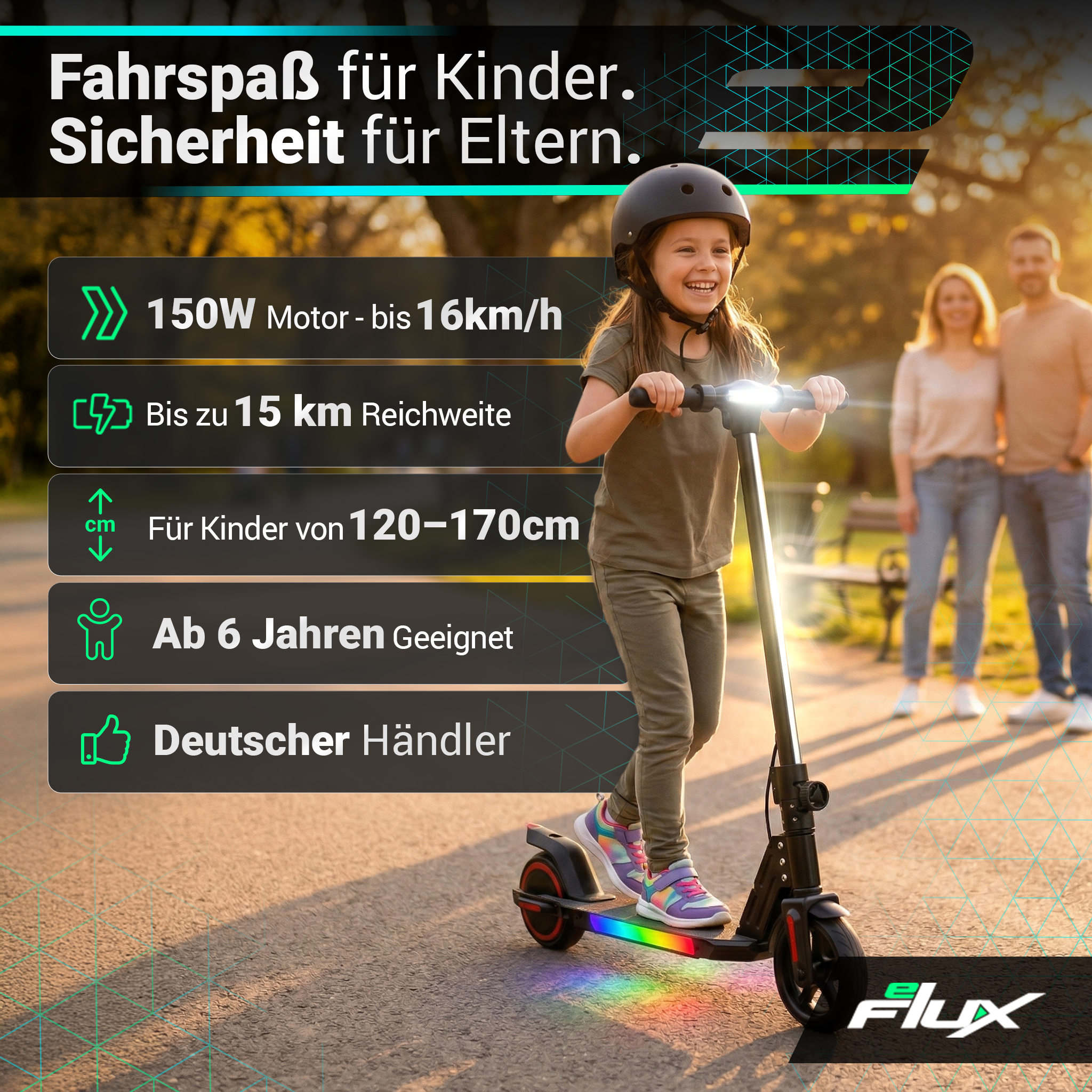 Ein Mädchen fährt einen E-Scooter mit bunten Lichtern. Eltern stehen im Hintergrund.