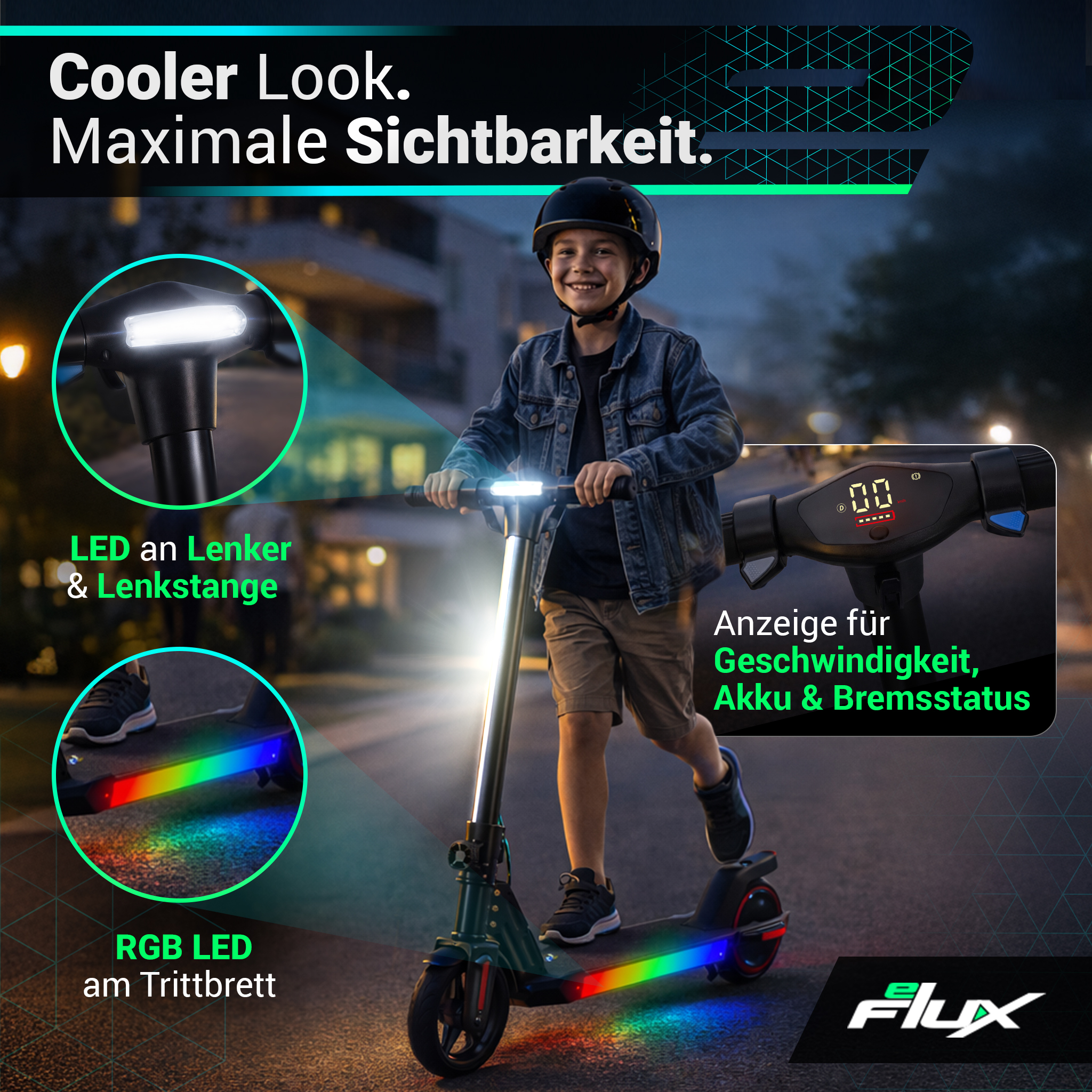 Junge fährt E-Scooter mit beleuchtetem Lenker und Trittbrett bei Nacht.
