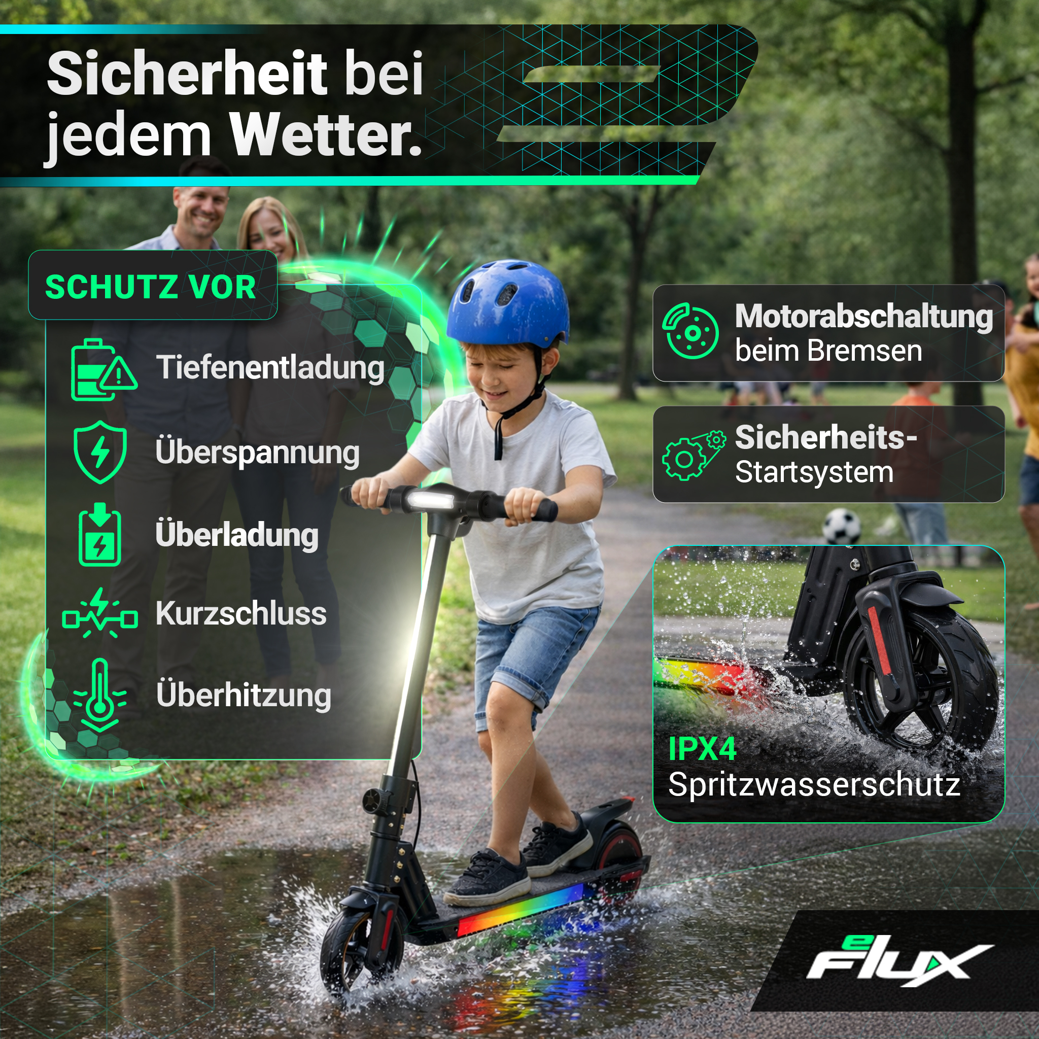 Ein Junge fährt mit einem E-Scooter durch Pfützen. "Sicherheit bei jedem Wetter."