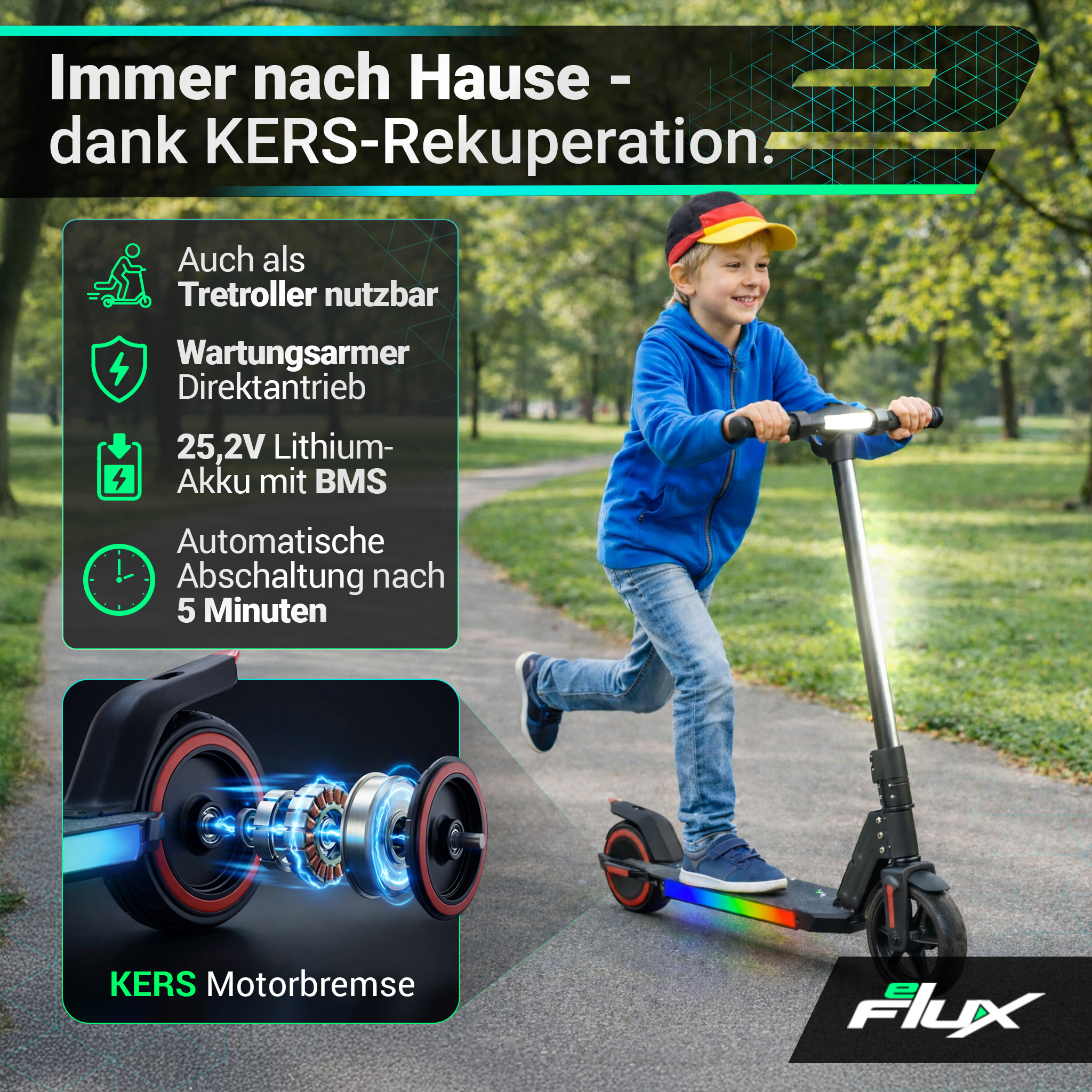 Ein Junge fährt einen E-Scooter mit KERS-Rekuperation und bunten Lichtern auf einem Weg.