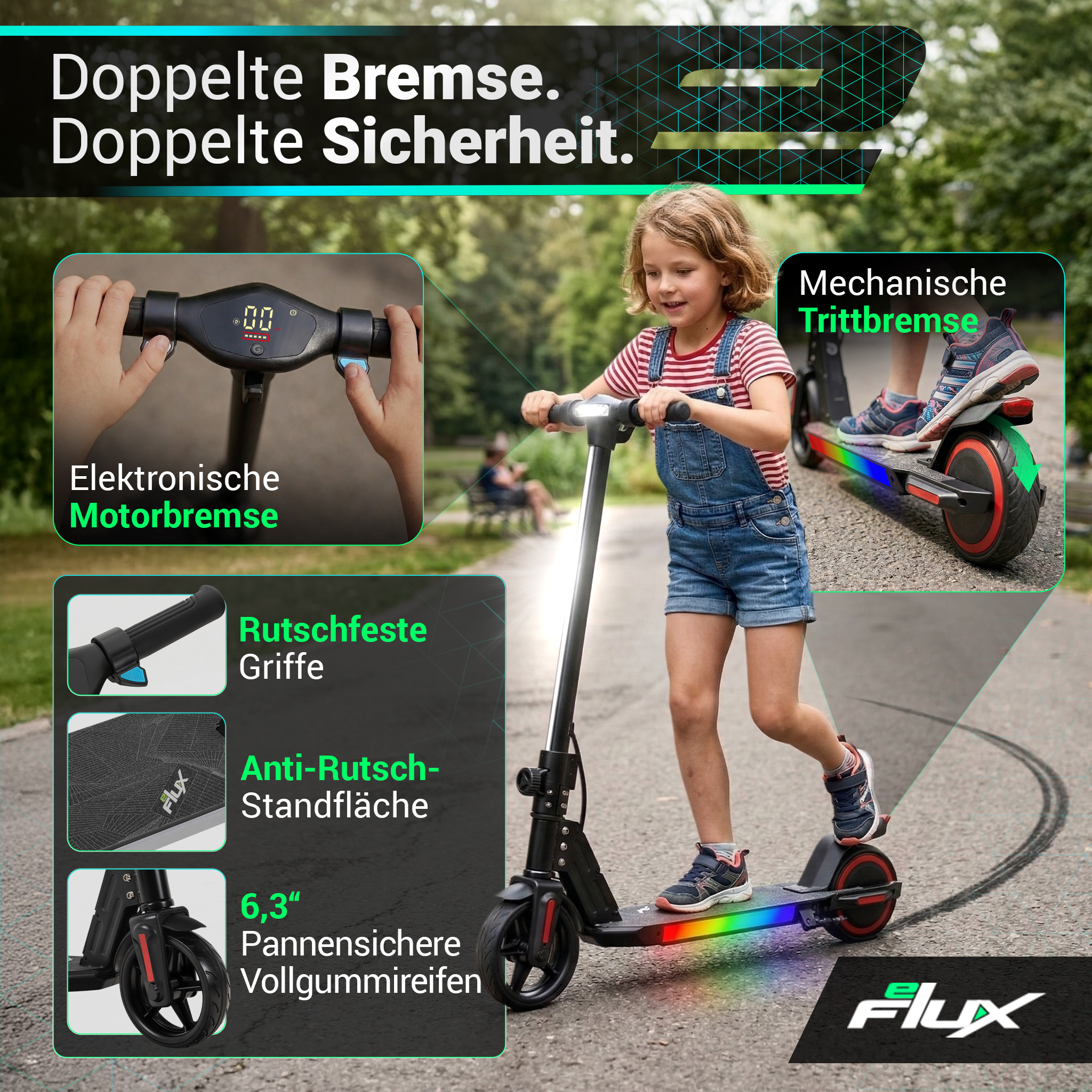 Mädchen fährt E-Scooter mit farbigen Lichtern und detaillierten Bremsen.