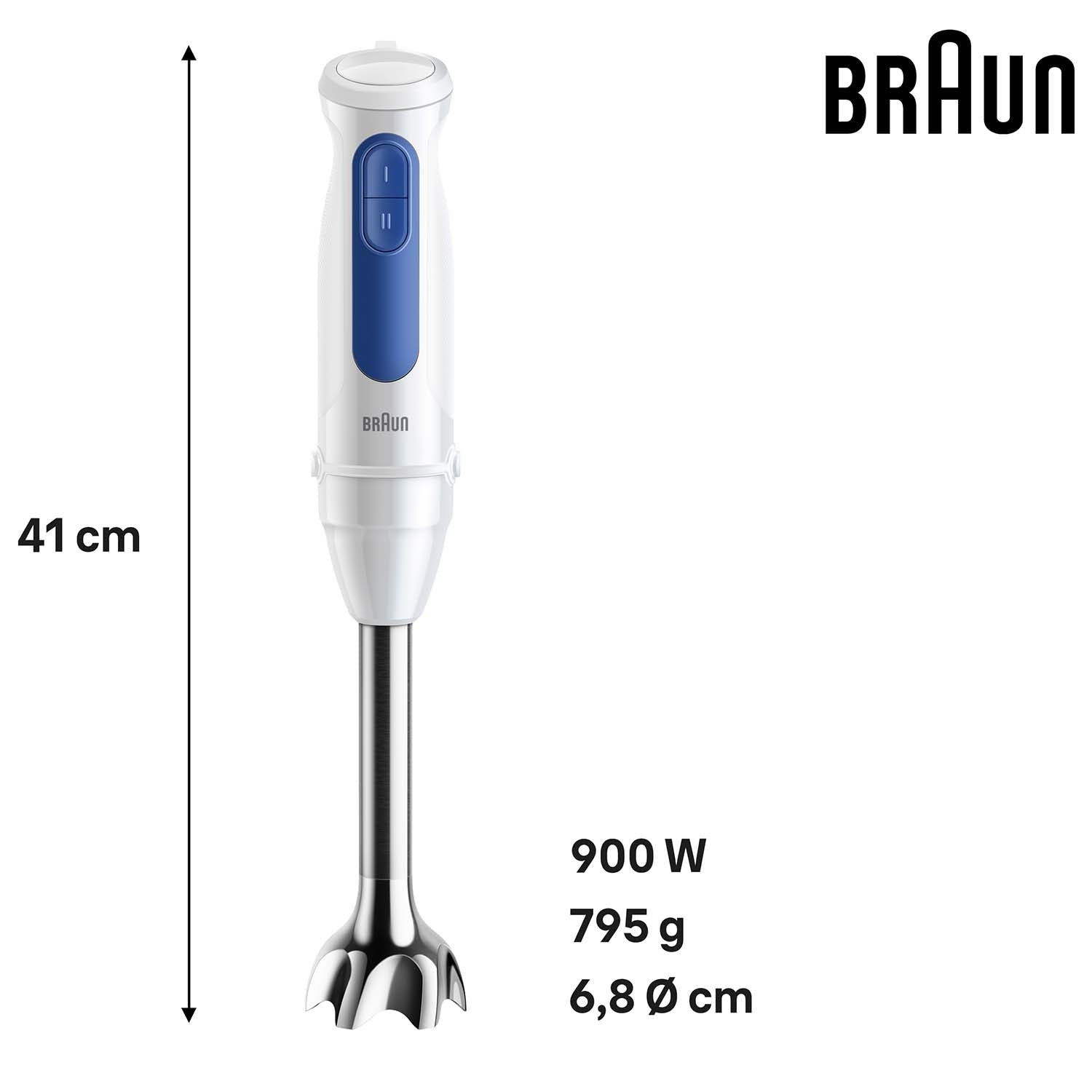White Braun hand blender, 41cm long, 900W, 795g.