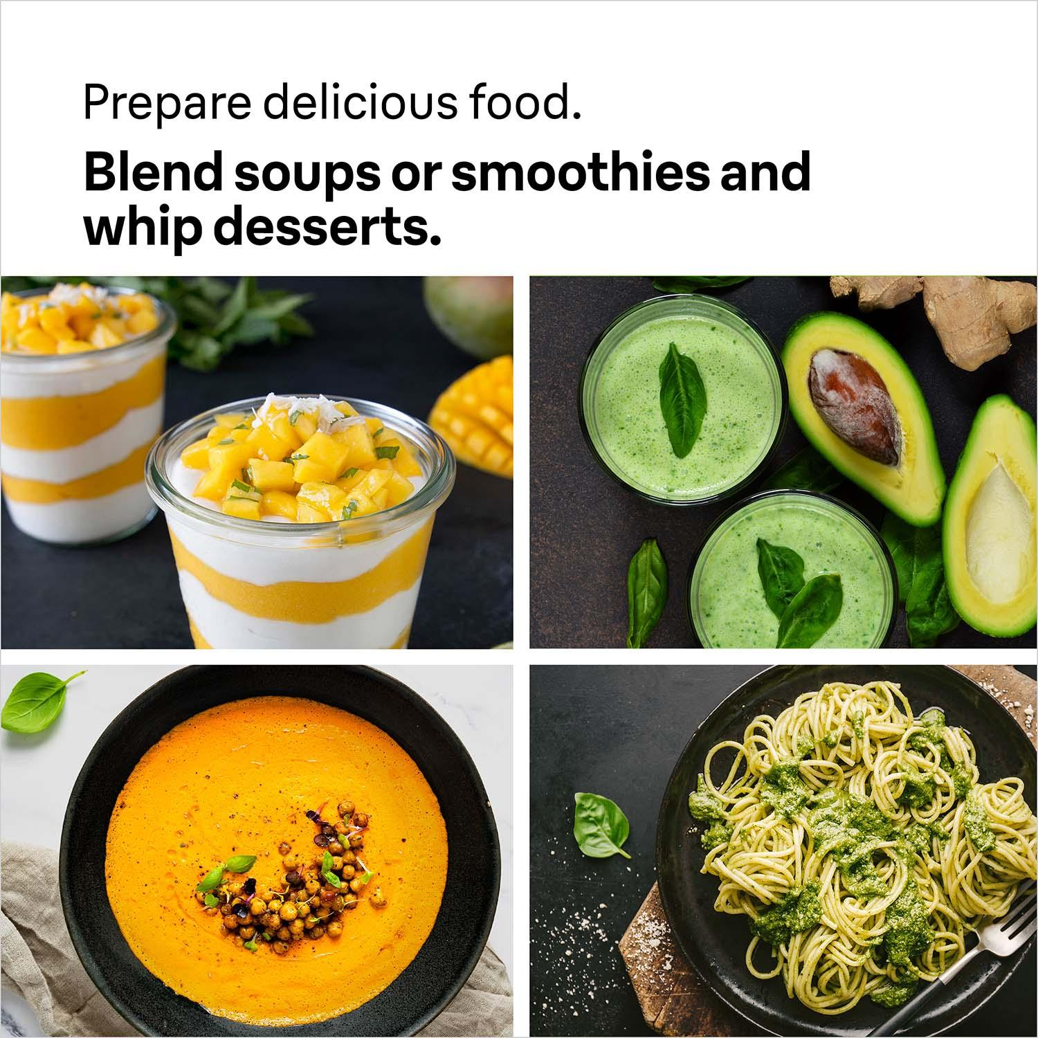 Four delicious dishes: mango dessert, green smoothies, lentil soup, and pasta with pesto.