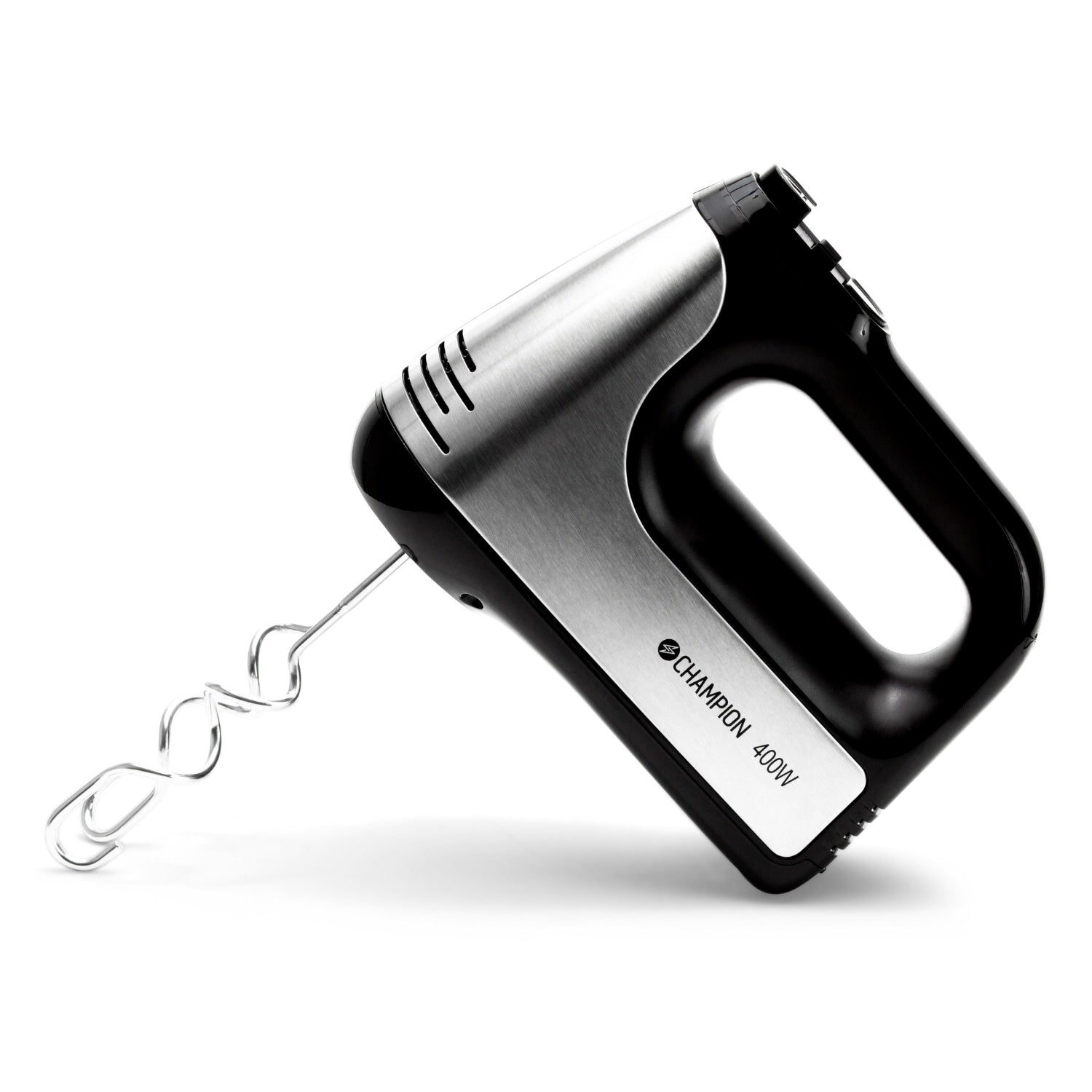 A black and silver hand mixer with one beater on a white background.