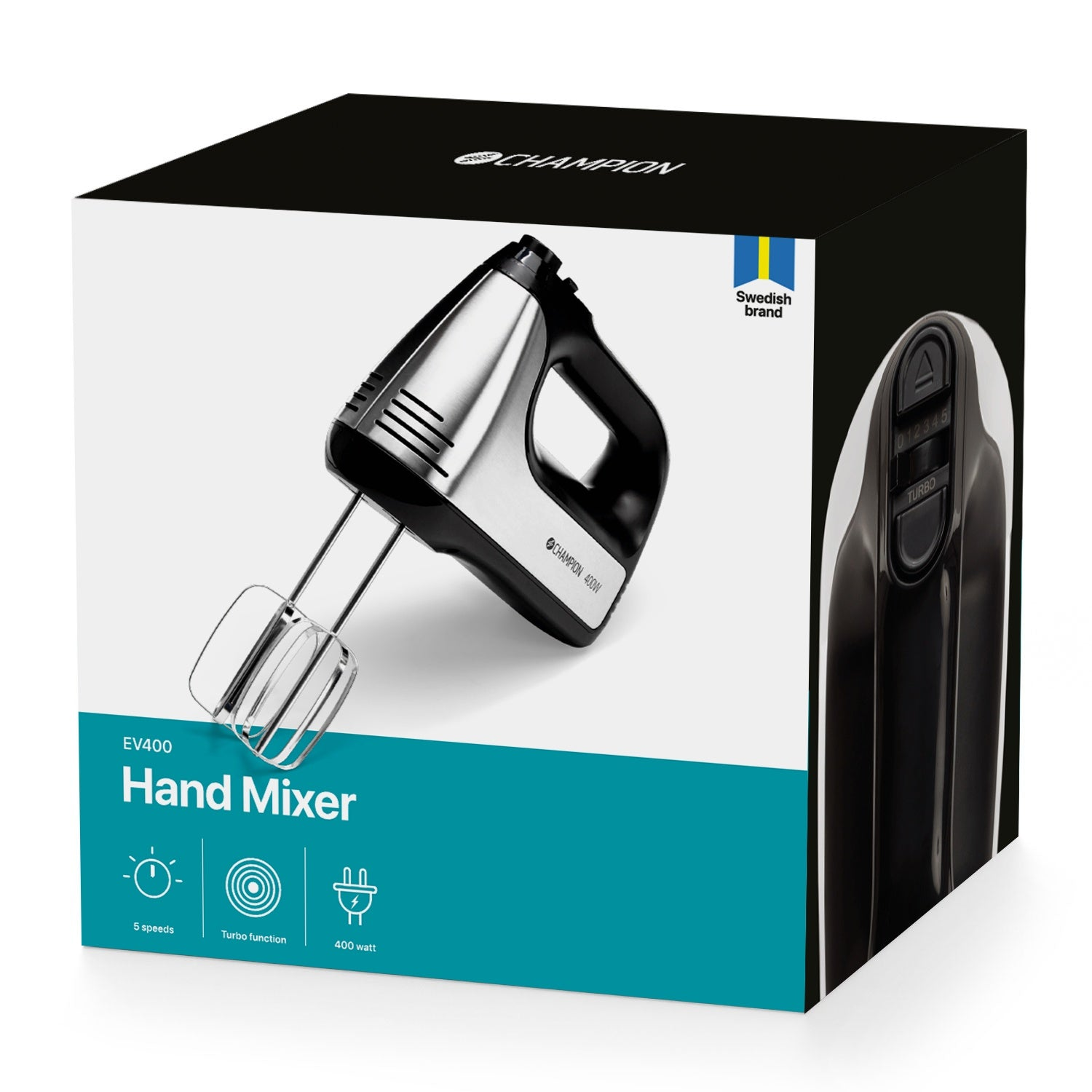 A Champion hand mixer box displays a silver and black hand mixer with beaters.