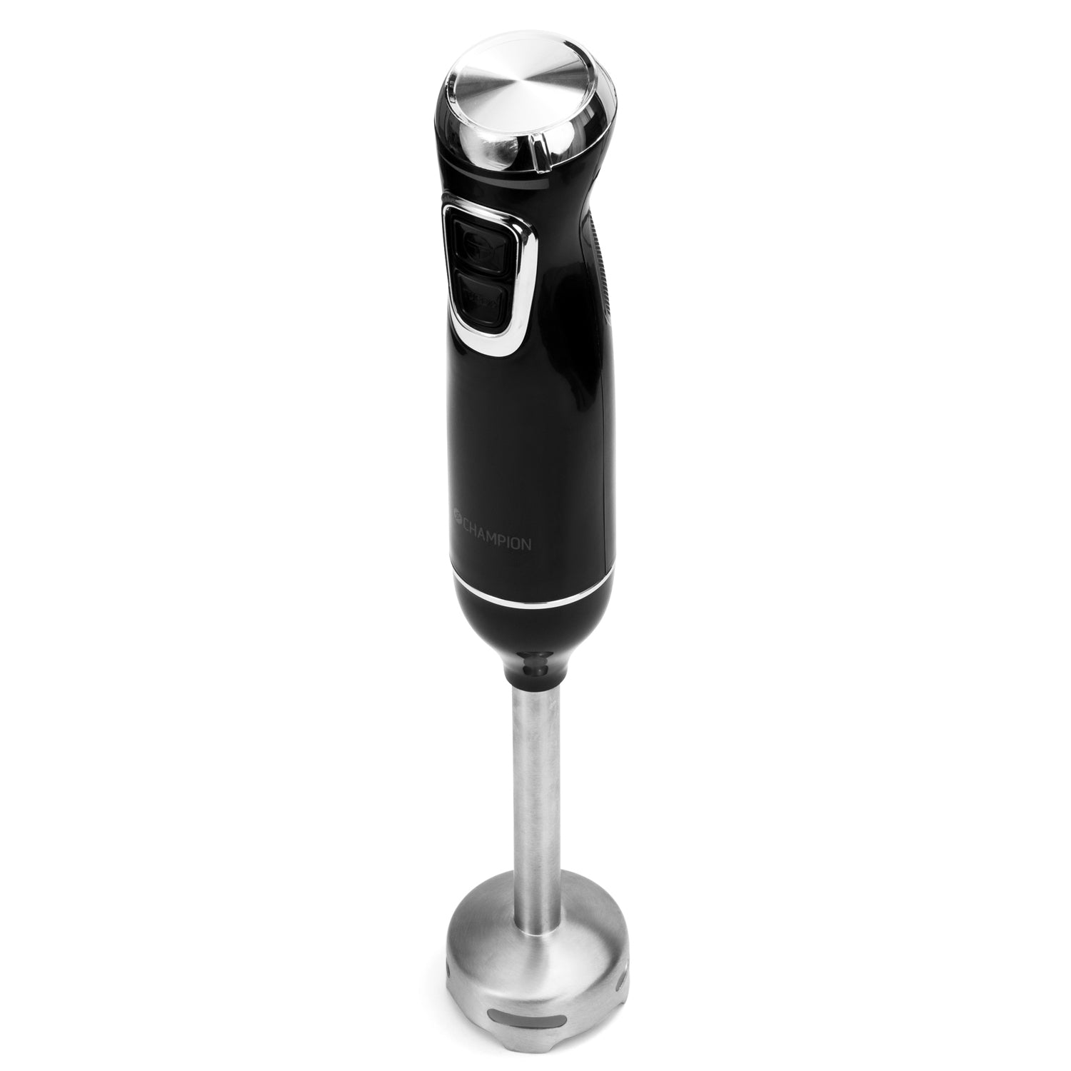 A black immersion blender with a stainless steel foot and silver buttons.