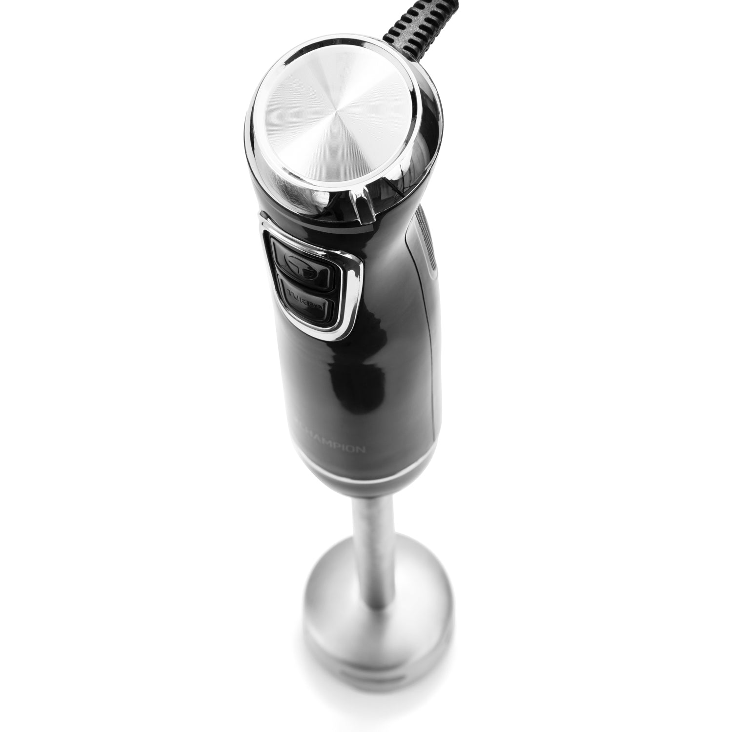 A black immersion blender with silver accents and a cord.