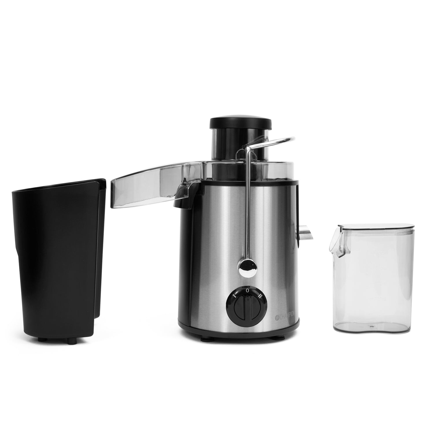 A silver juicer with a black pulp bin and a clear juice jug.