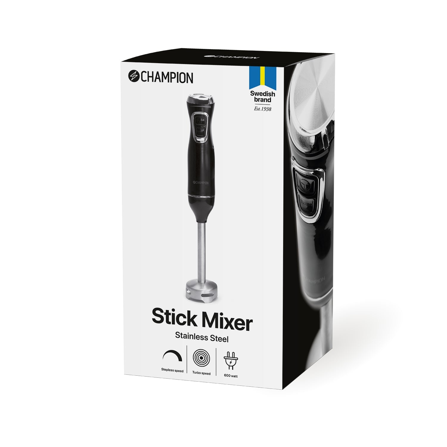 Packaging of a black stick blender with stainless steel foot, Champion brand.