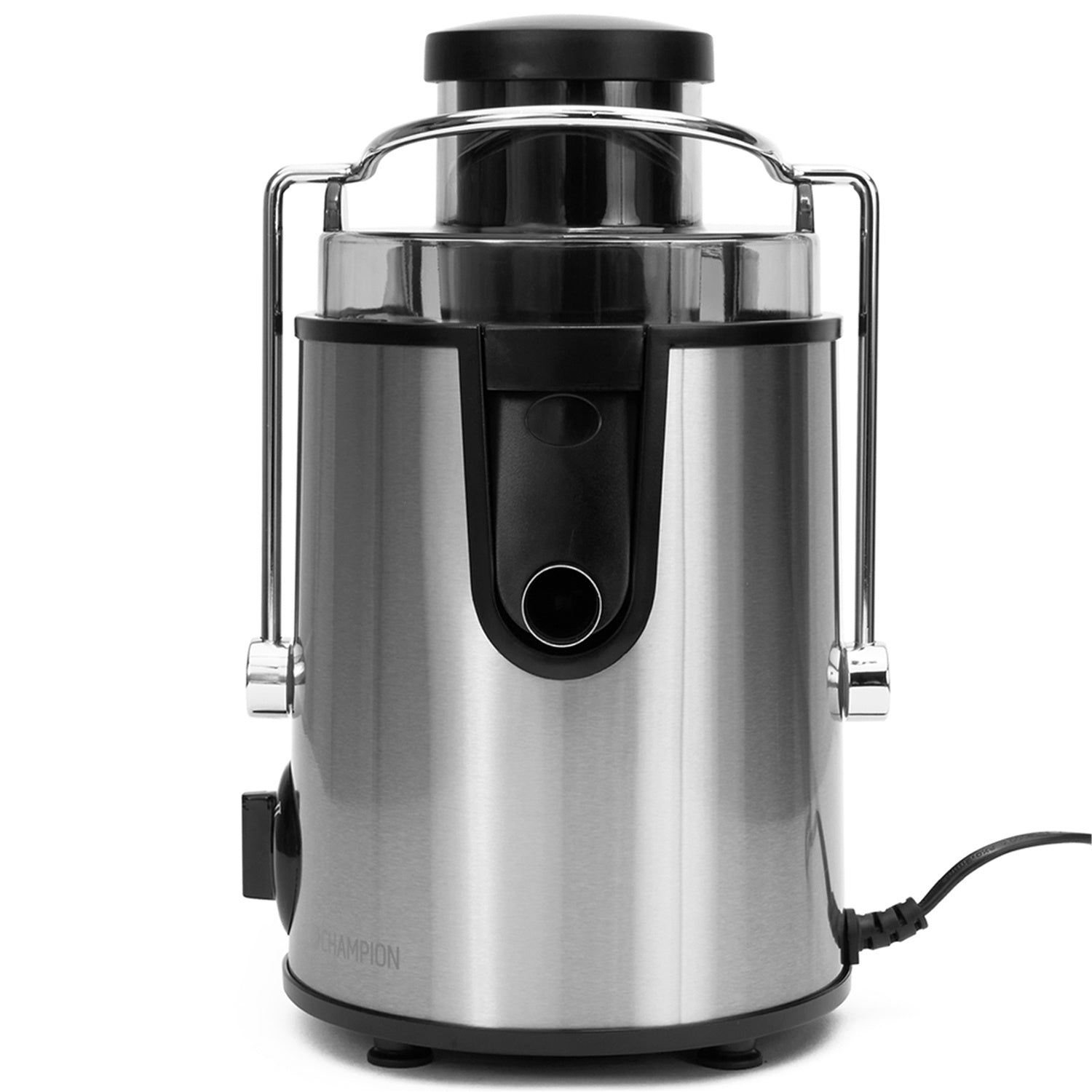 A stainless steel Champion juicer with a black lid and chute, on a white background.