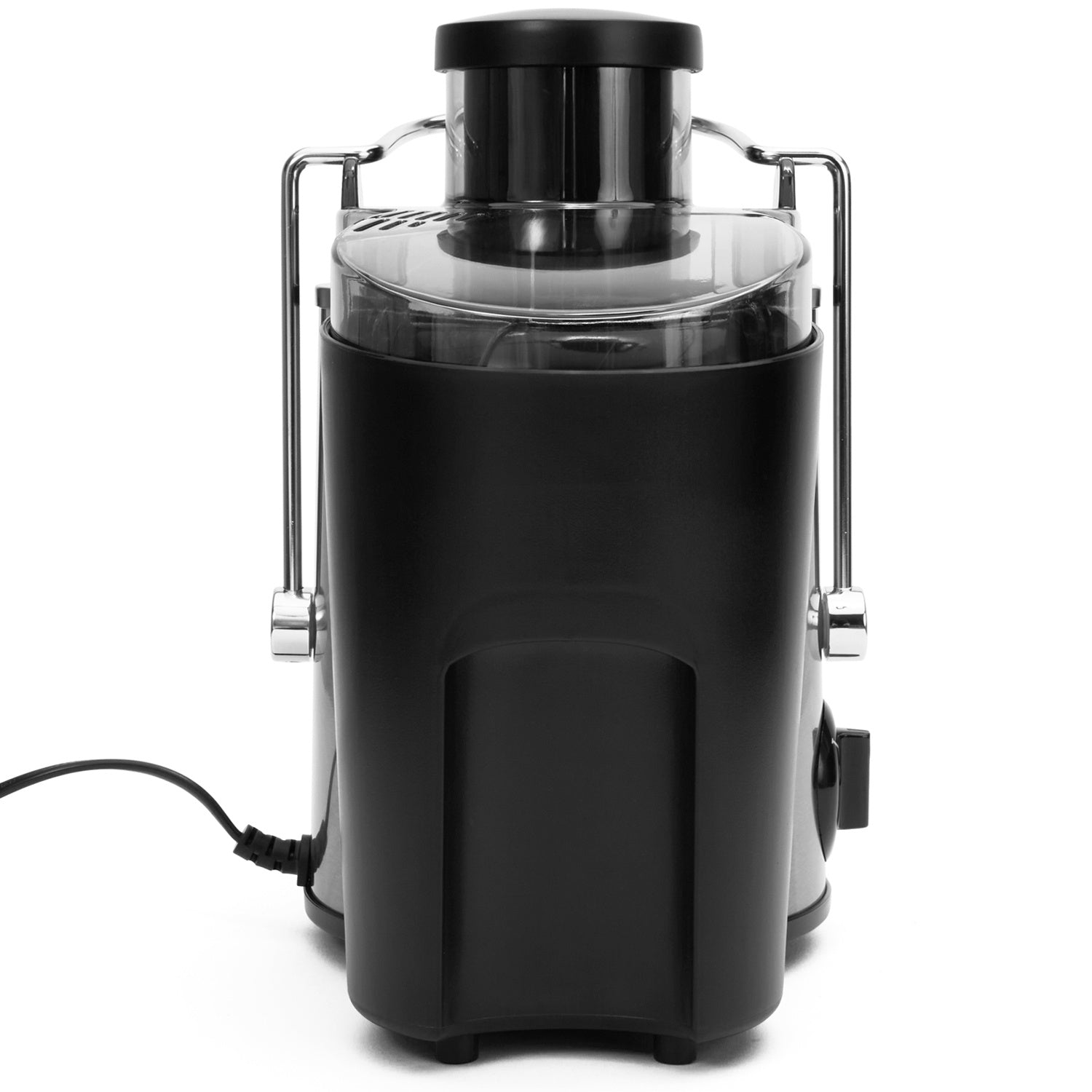 Black juicer with silver accents and a transparent container.