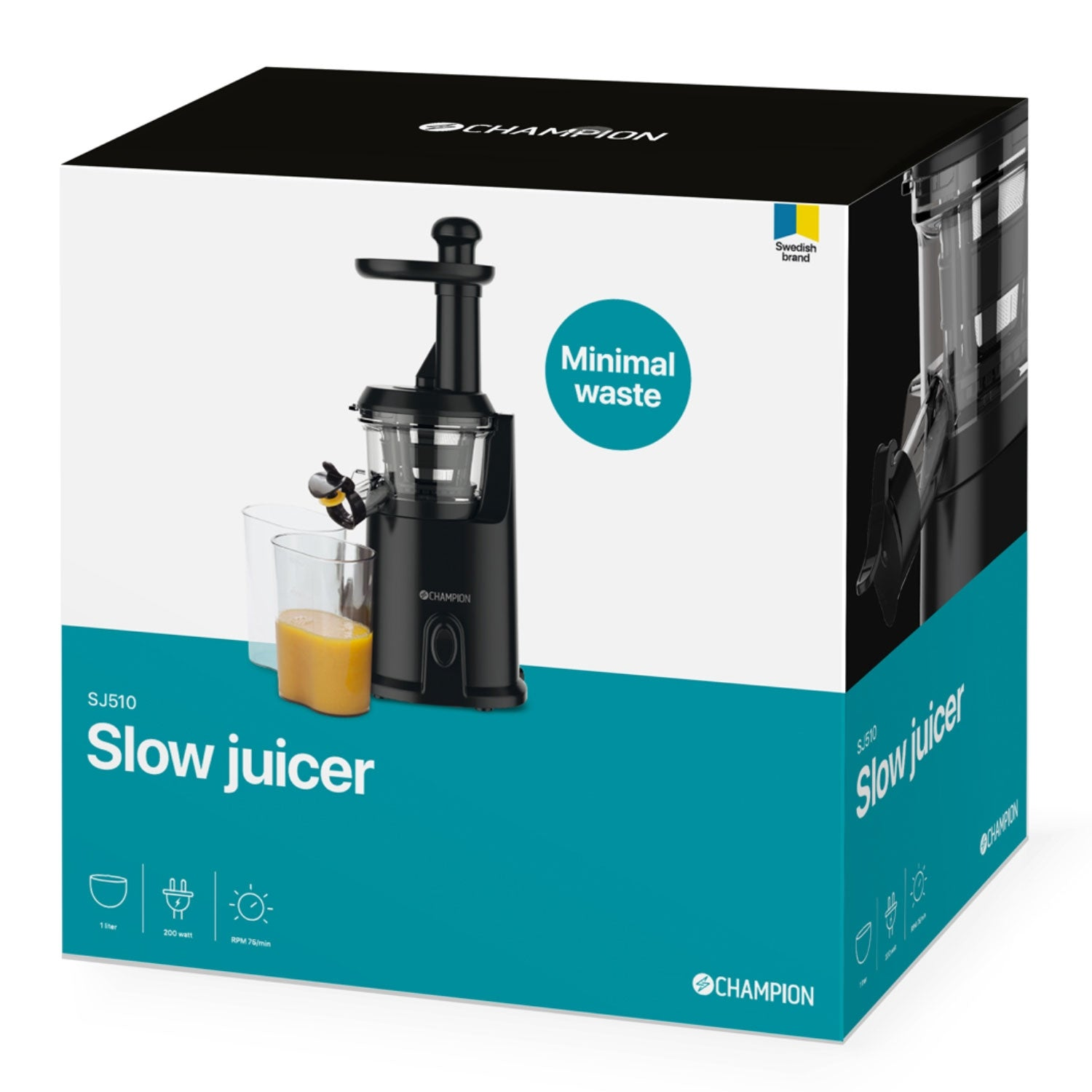 Black Champion SJ510 slow juicer on its box, with juice in a glass.