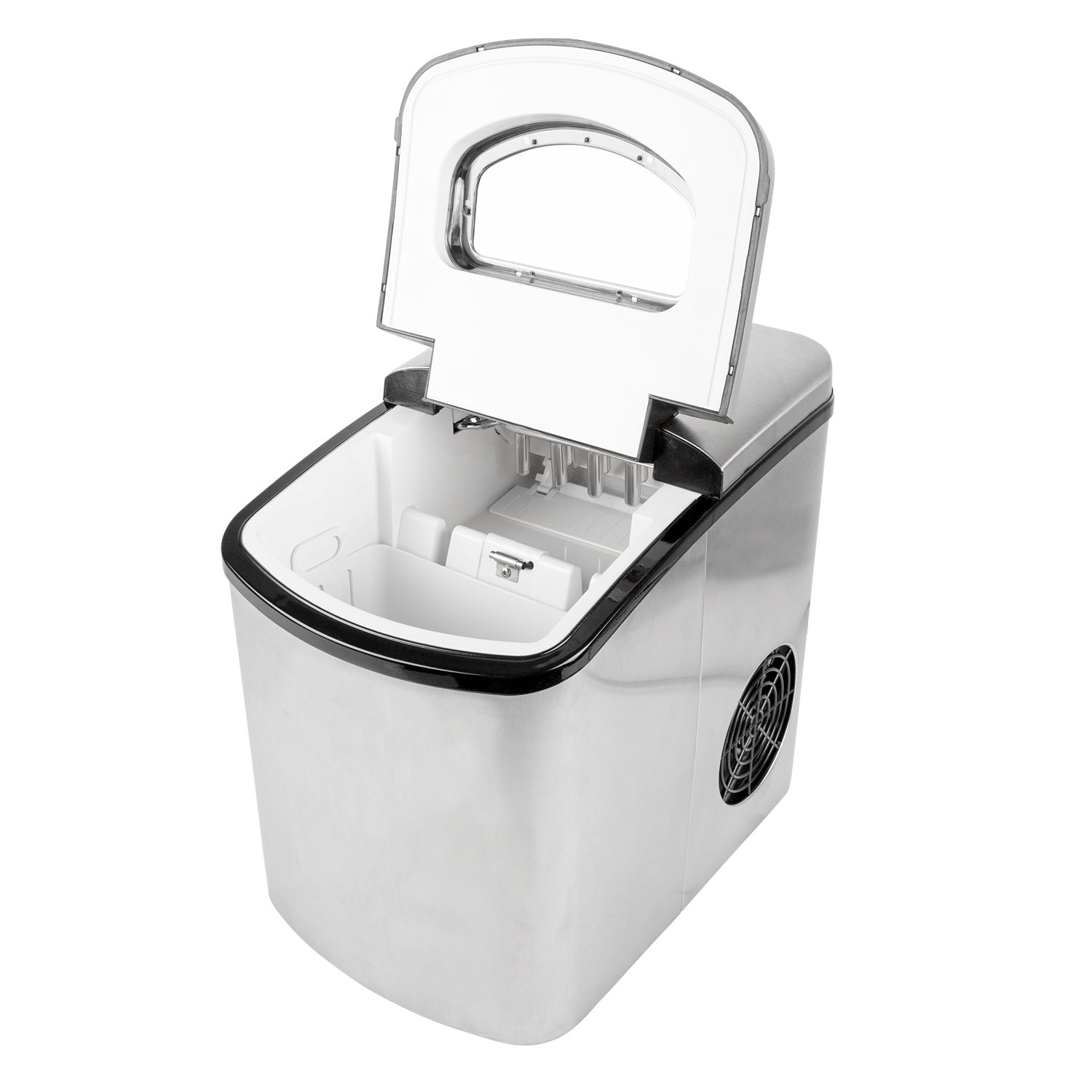 An open, silver ice maker with a white interior and a ventilation grille.