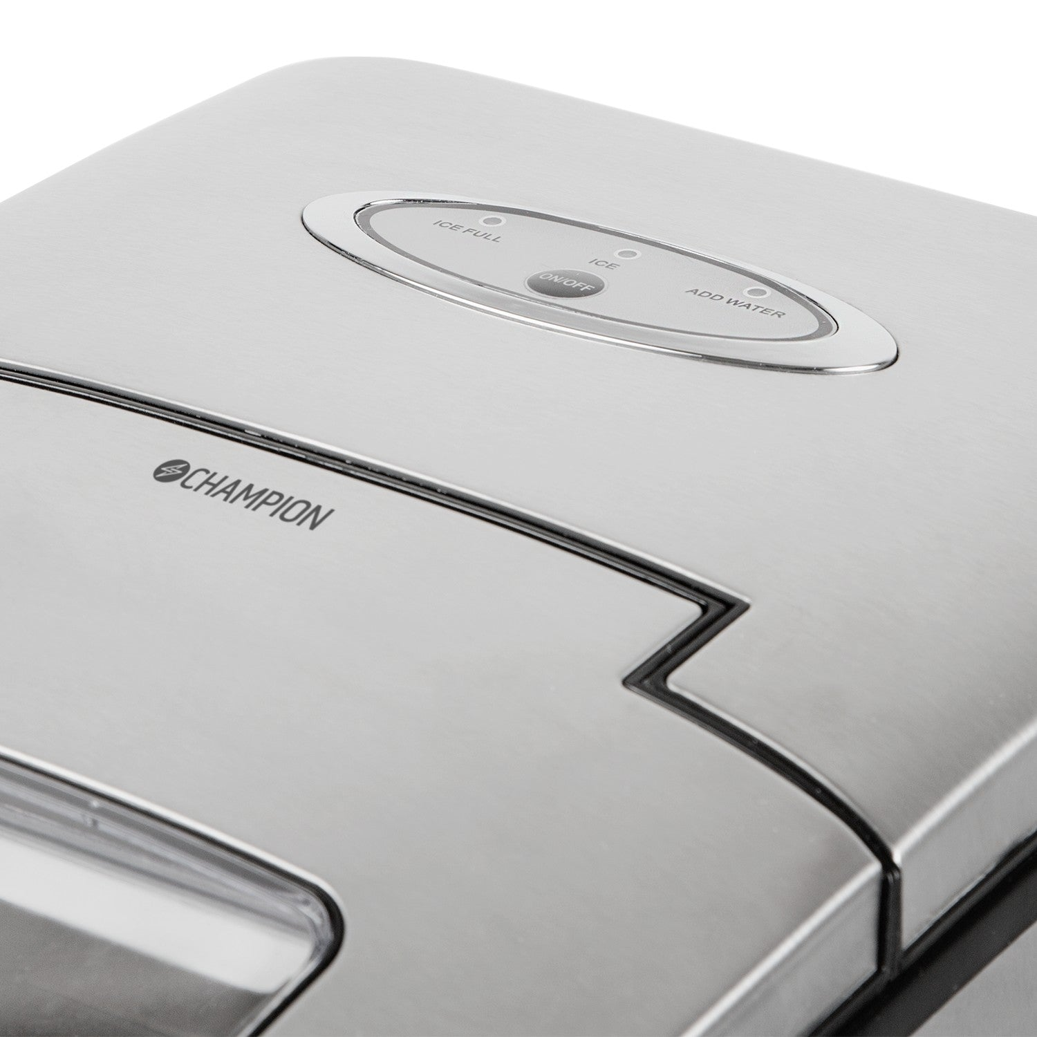Stainless steel ice maker with CHAMPION logo and control buttons.