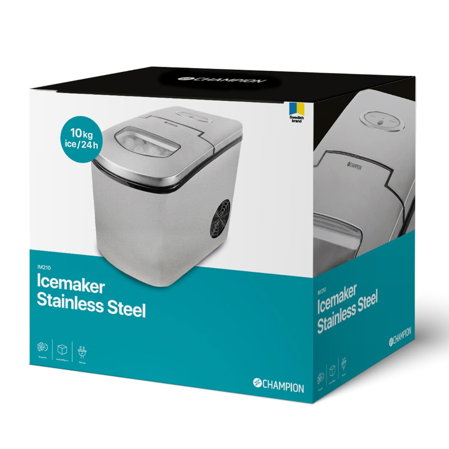 Packaging of a silver ice maker with 10kg/24h capacity.