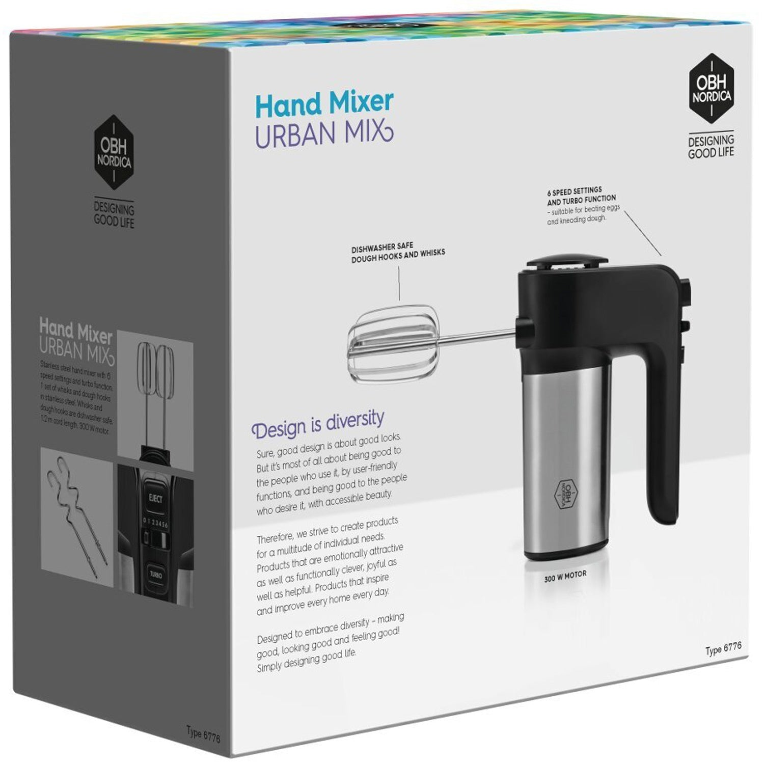 Packaging of a hand mixer with accessories and product description.