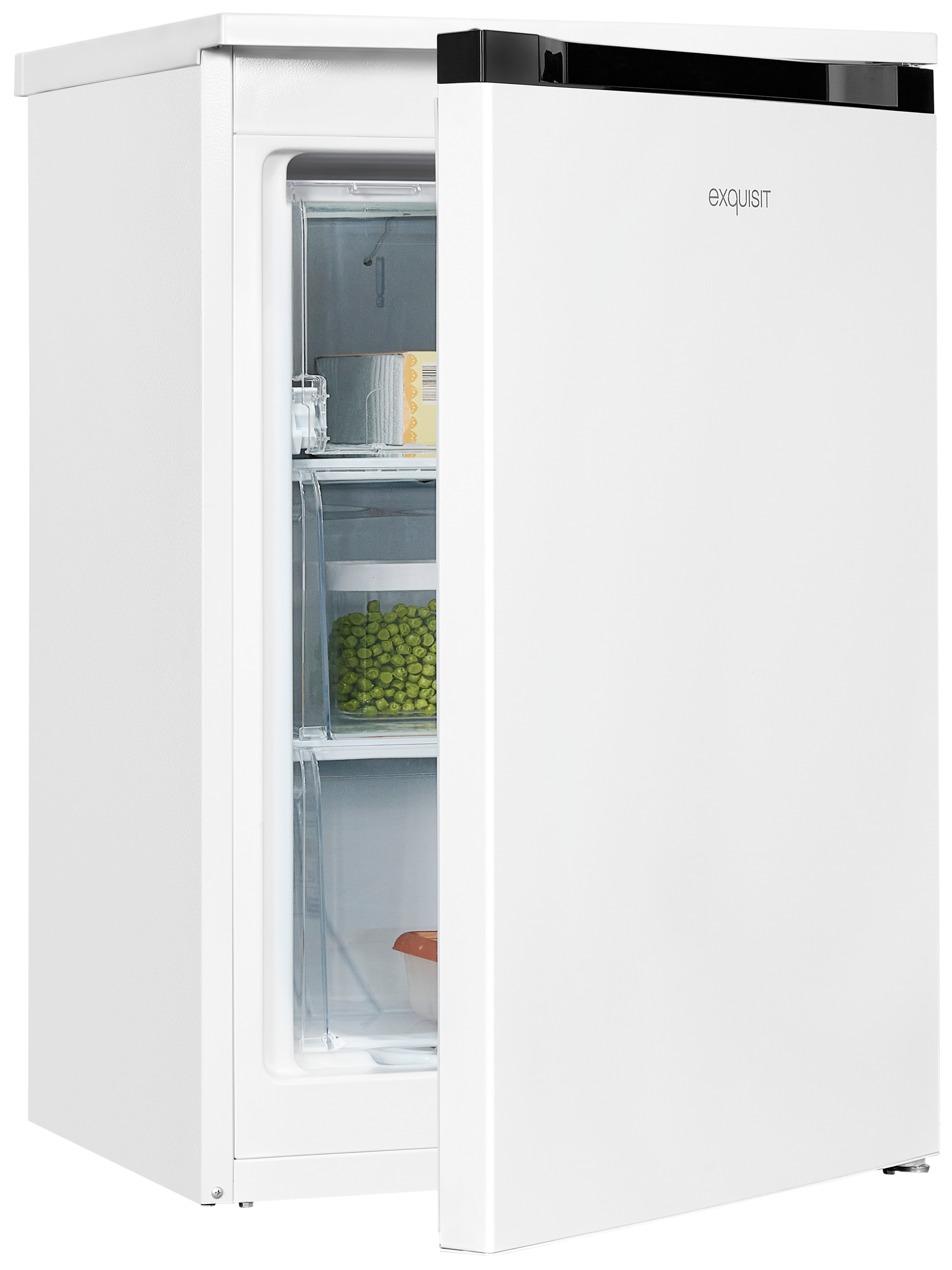 Un refrigerador blanco con la puerta abierta, lleno de guisantes y otros alimentos.