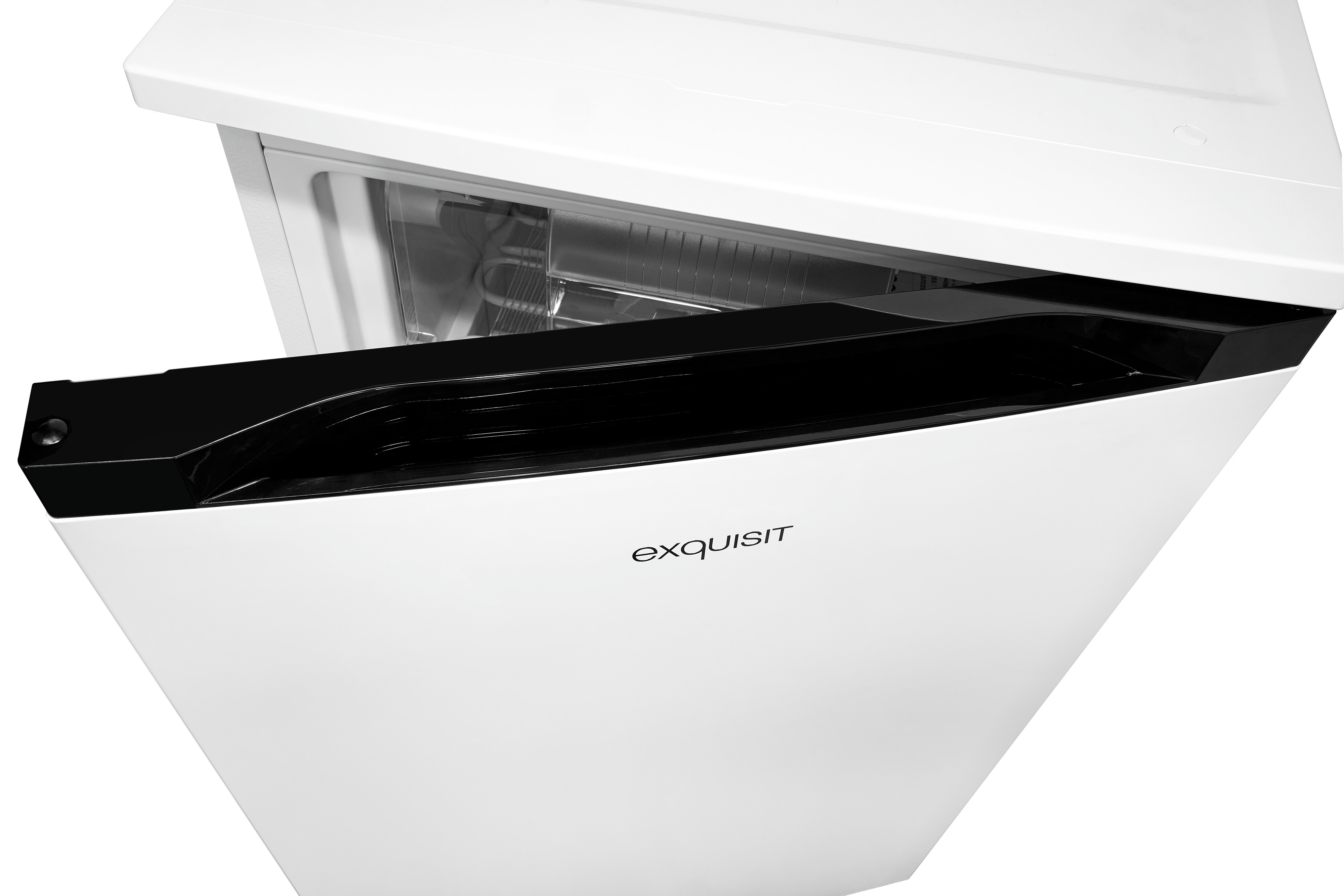 Un refrigerador blanco con cajón negro abierto y el logo "exquisit".