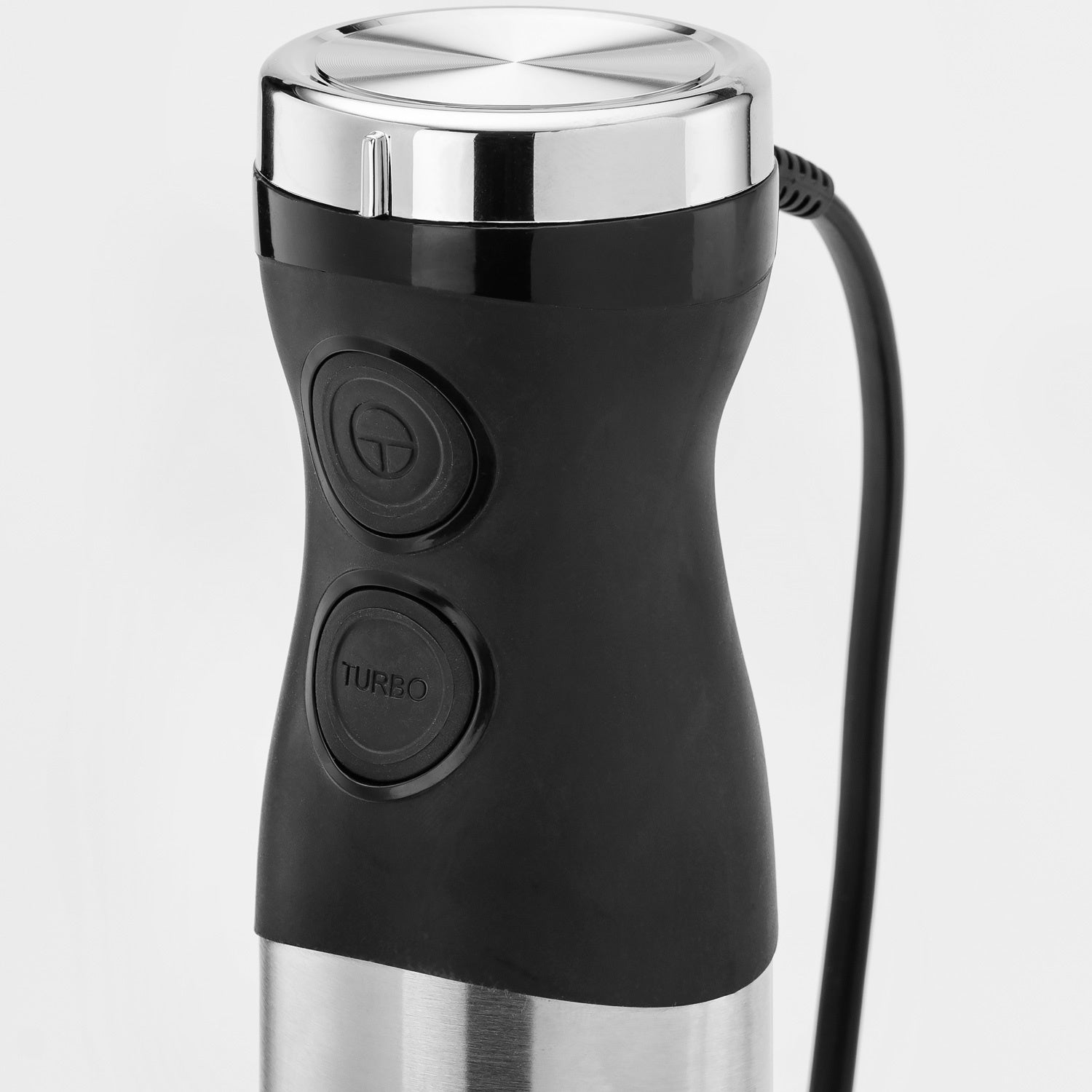 Close-up of a black immersion blender with silver accents and a power cord.