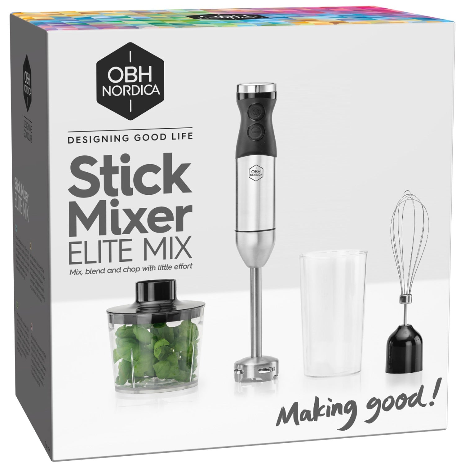 OBH Nordica Stick Mixer Elite Mix with accessories: mixer, glass, and whisk.