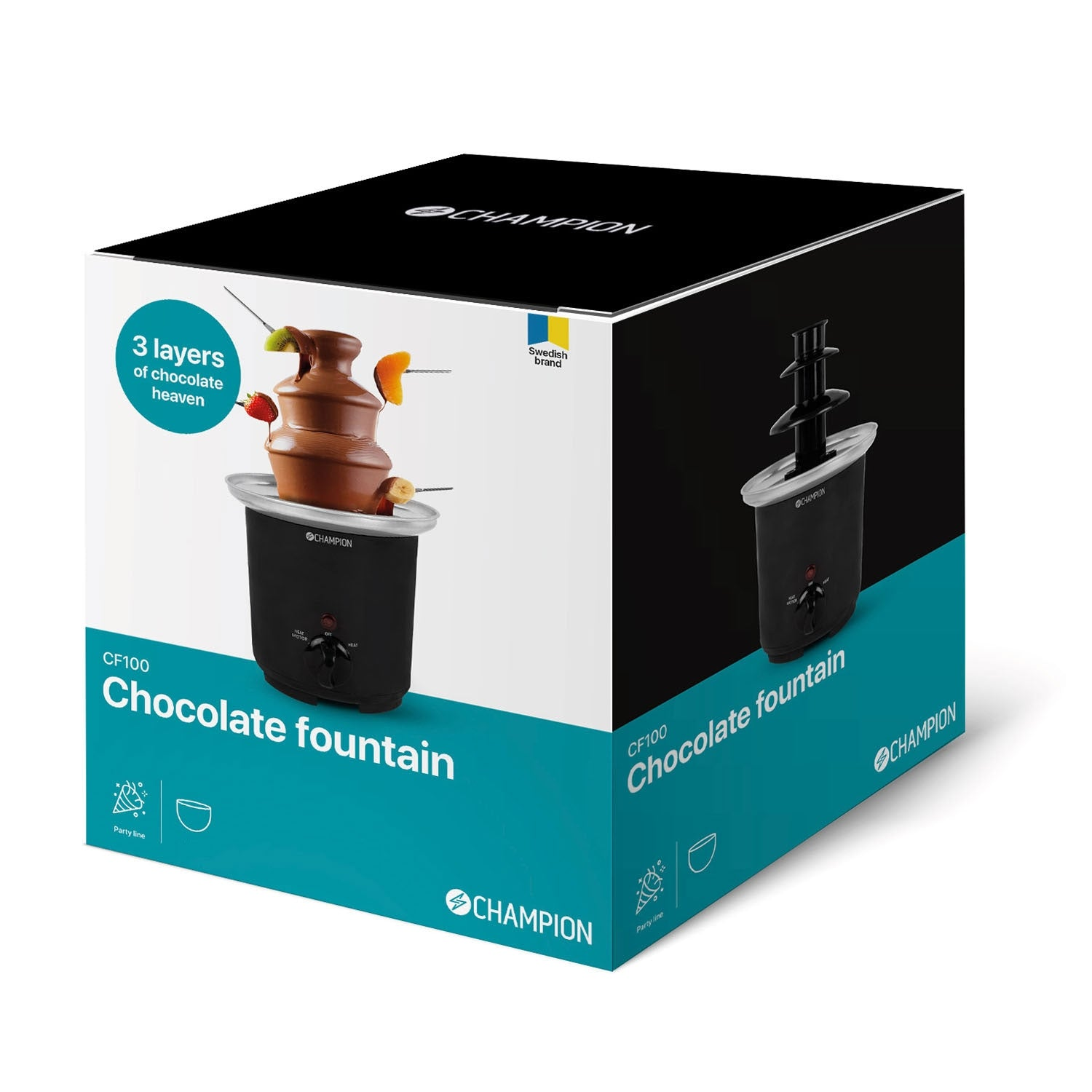 Champion Chocoladefontein CF100, 3-laags, met fruit.