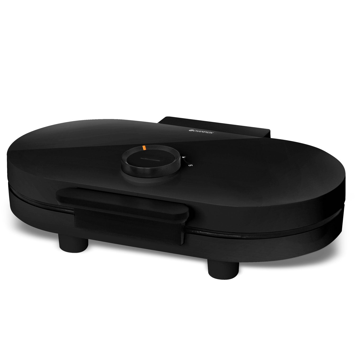 Black waffle maker with a rotary dial and an orange indicator mark.