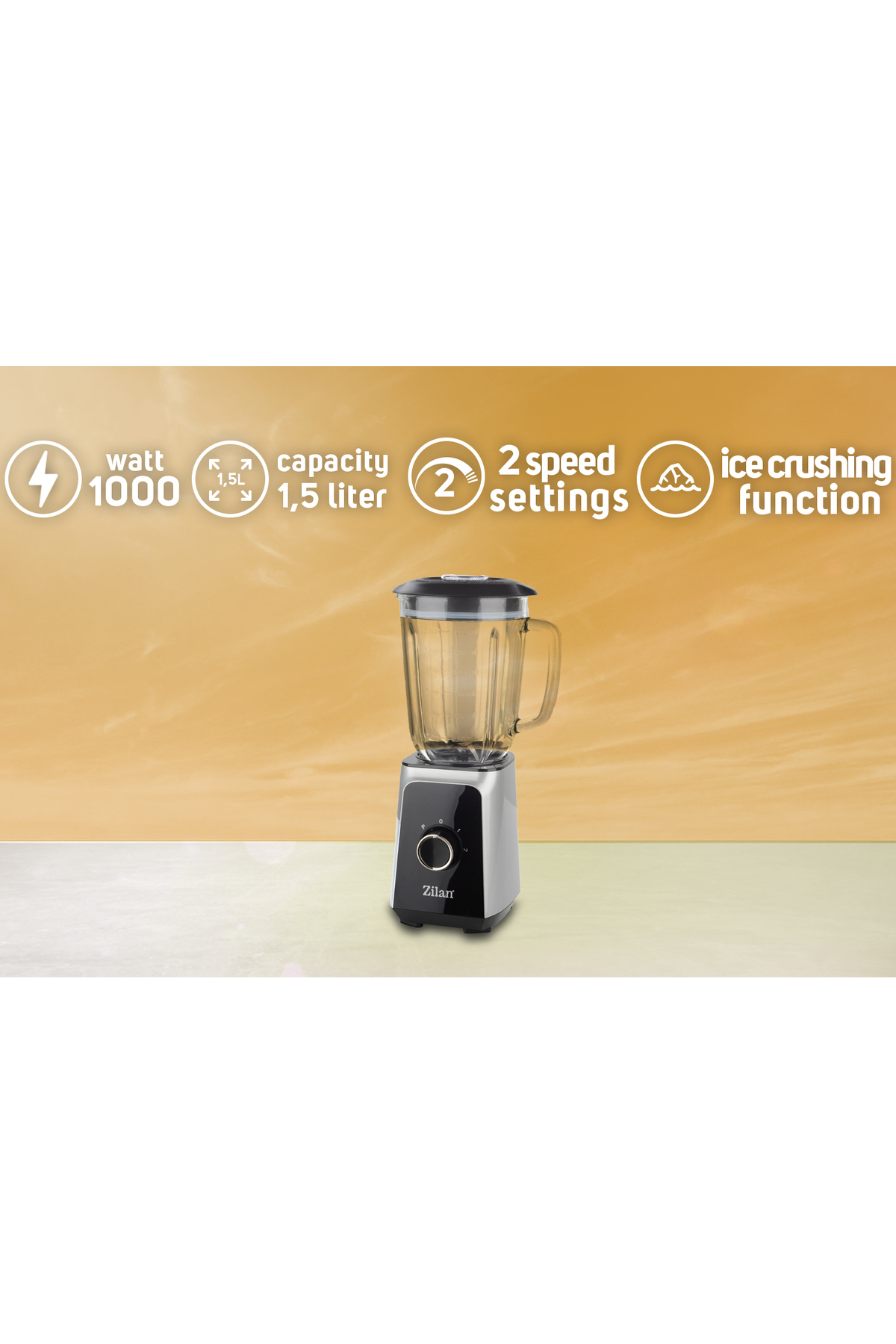 1000 Watt, 1,5 litre kapasiteli, 2 hız ayarlı gümüş ve siyah blender.
