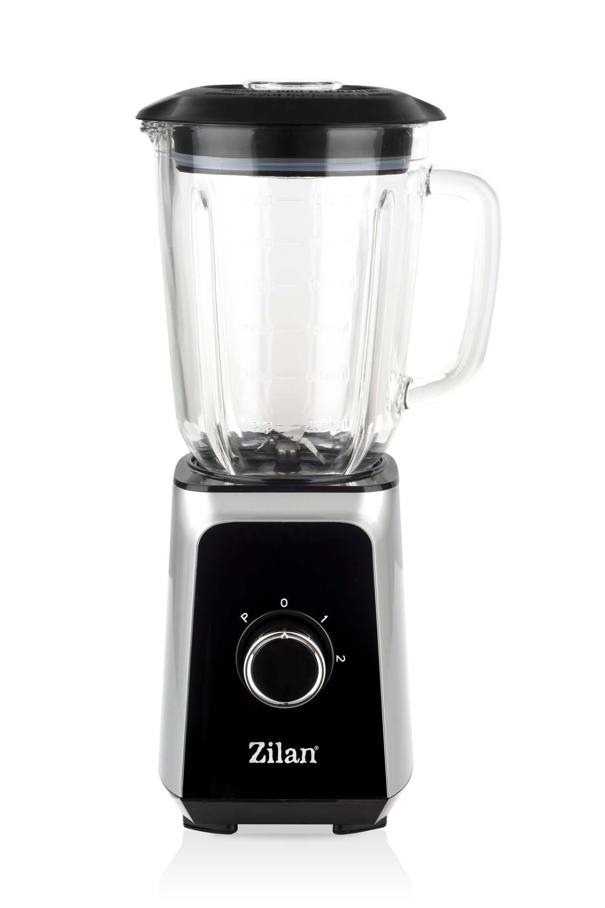 Gümüş ve siyah Zilan blender, cam hazne ve siyah kapaklı.