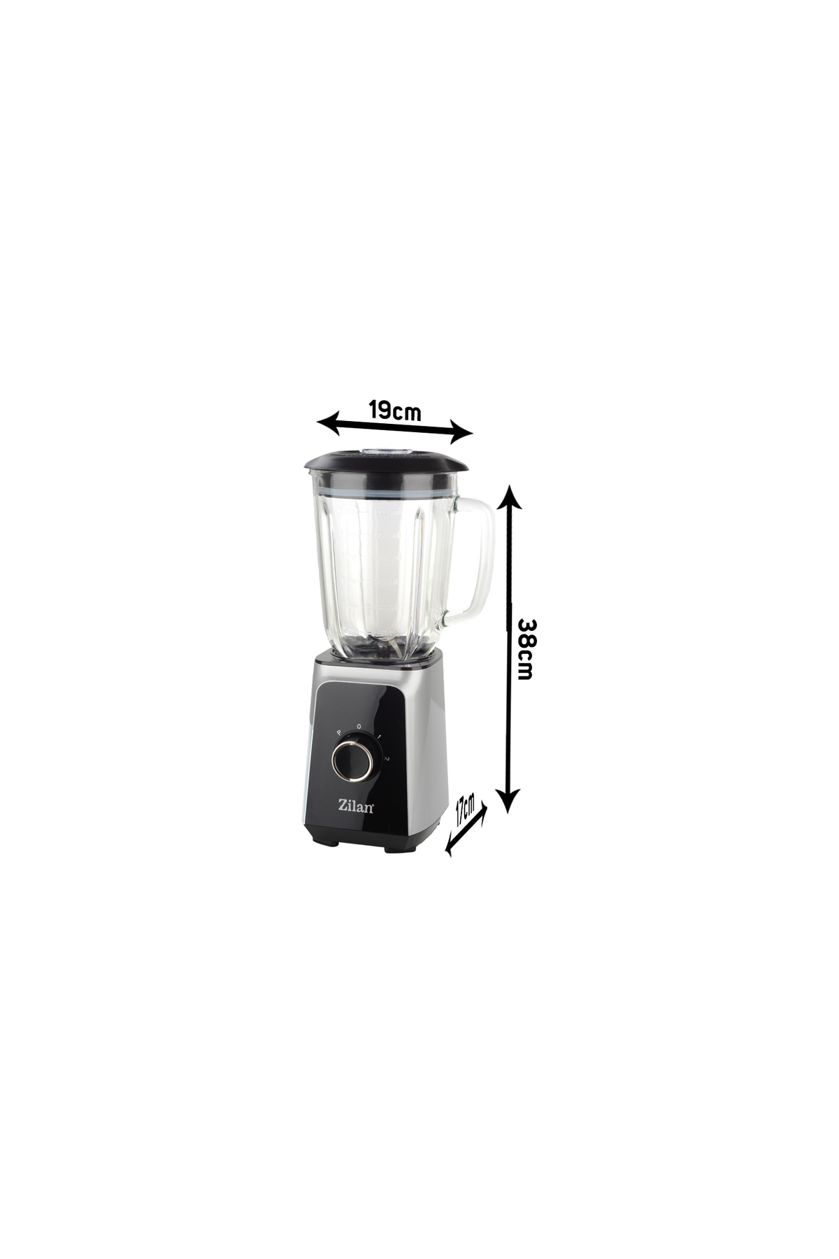 Cam haznesi olan Zilan blender, 38cm yüksek, 19cm geniş, 17cm derinliğinde.