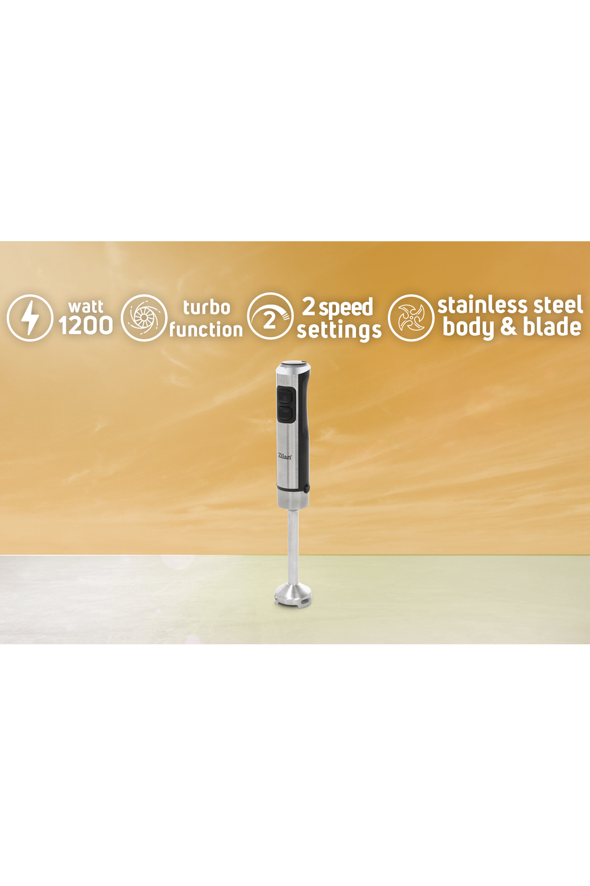 Dikey blender: 1200W, turbo fonksiyon, 2 hız, paslanmaz çelik.