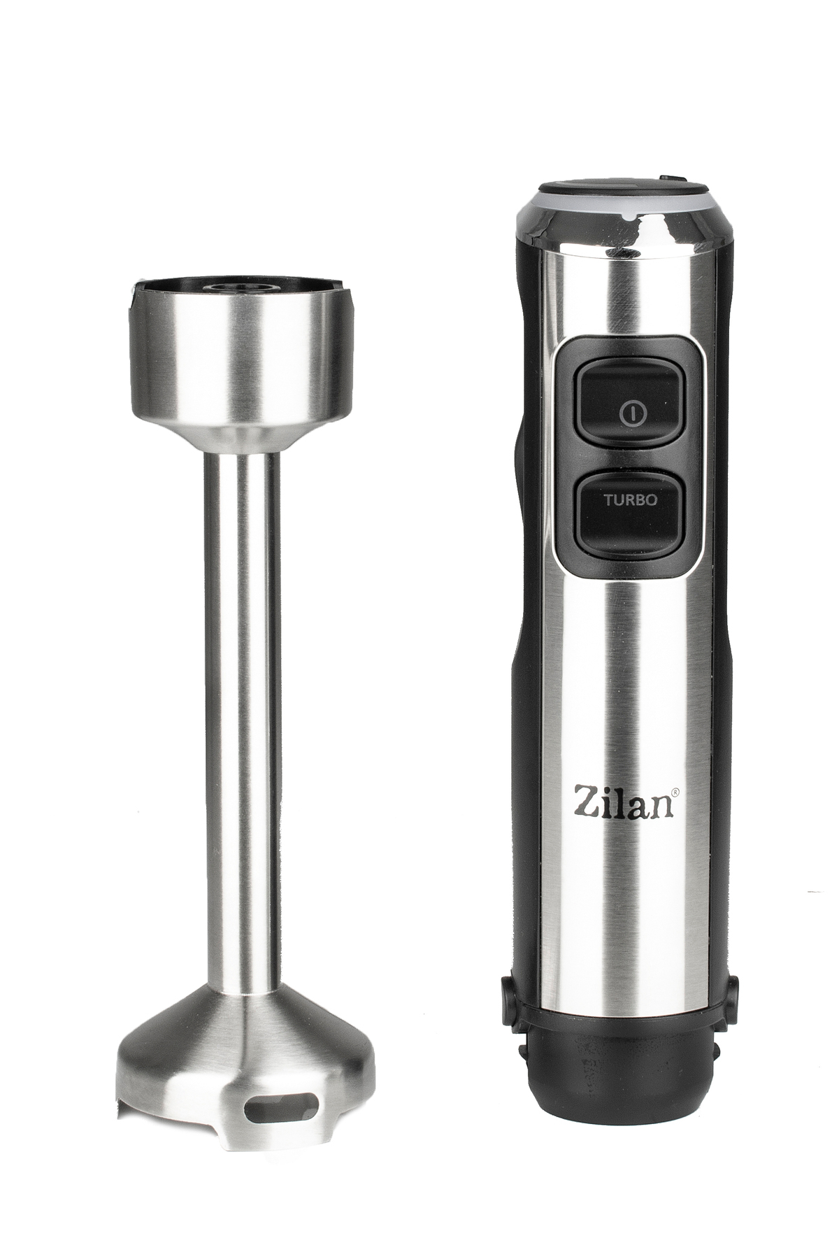 Siyah saplı ve iki düğmeli gümüş daldırma blender.