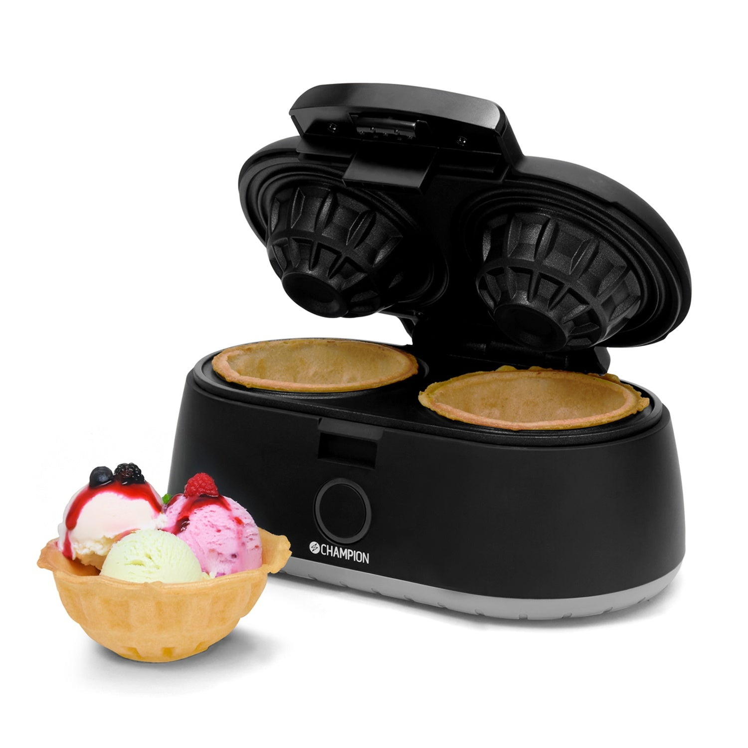 A black waffle maker with two open compartments and ice cream bowls beside it.