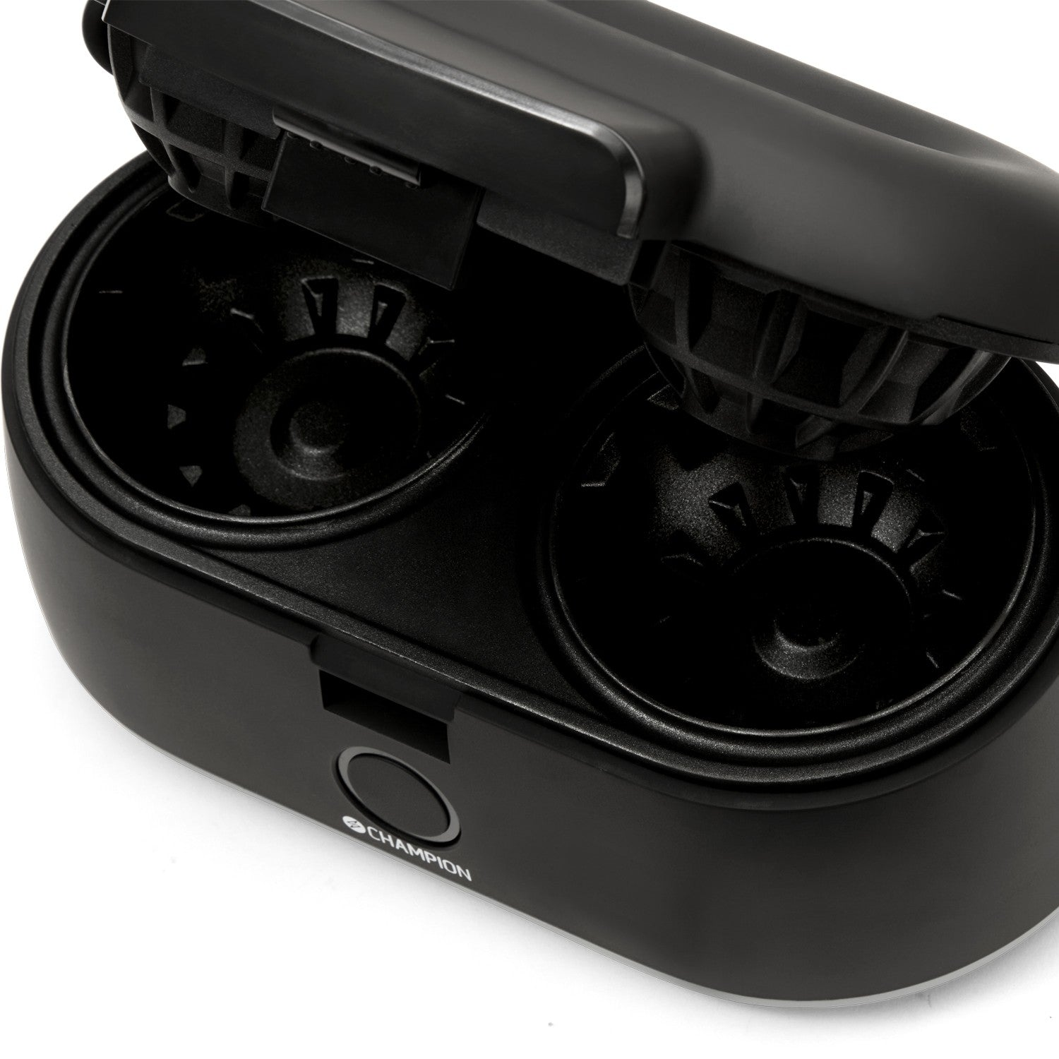 Black charging case with open lid, two grooved compartments inside.