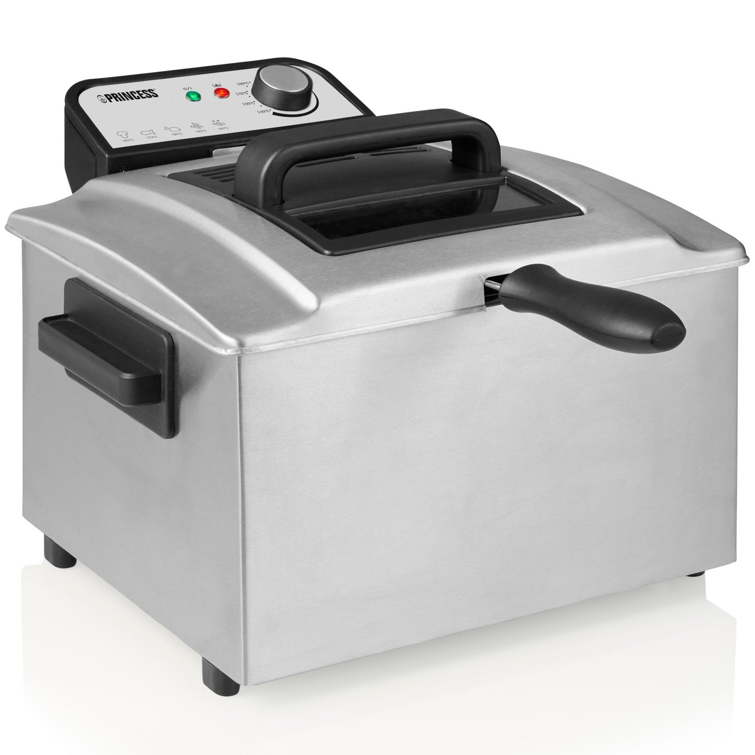 Zilverkleurige frituurpan met zwart handvat en bedieningspaneel met temperatuurkeuze.