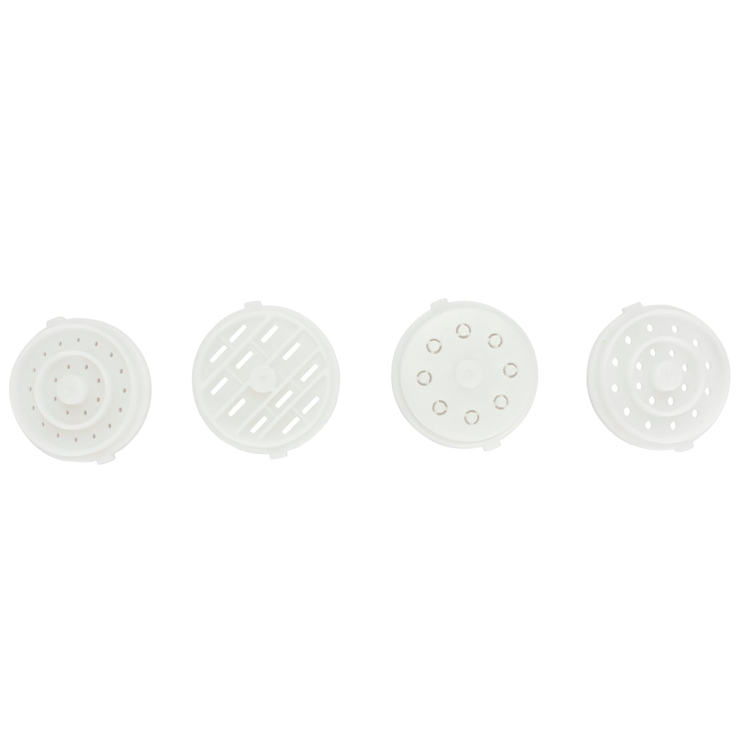 Four white circular discs with hole patterns arranged side-by-side on a white background.