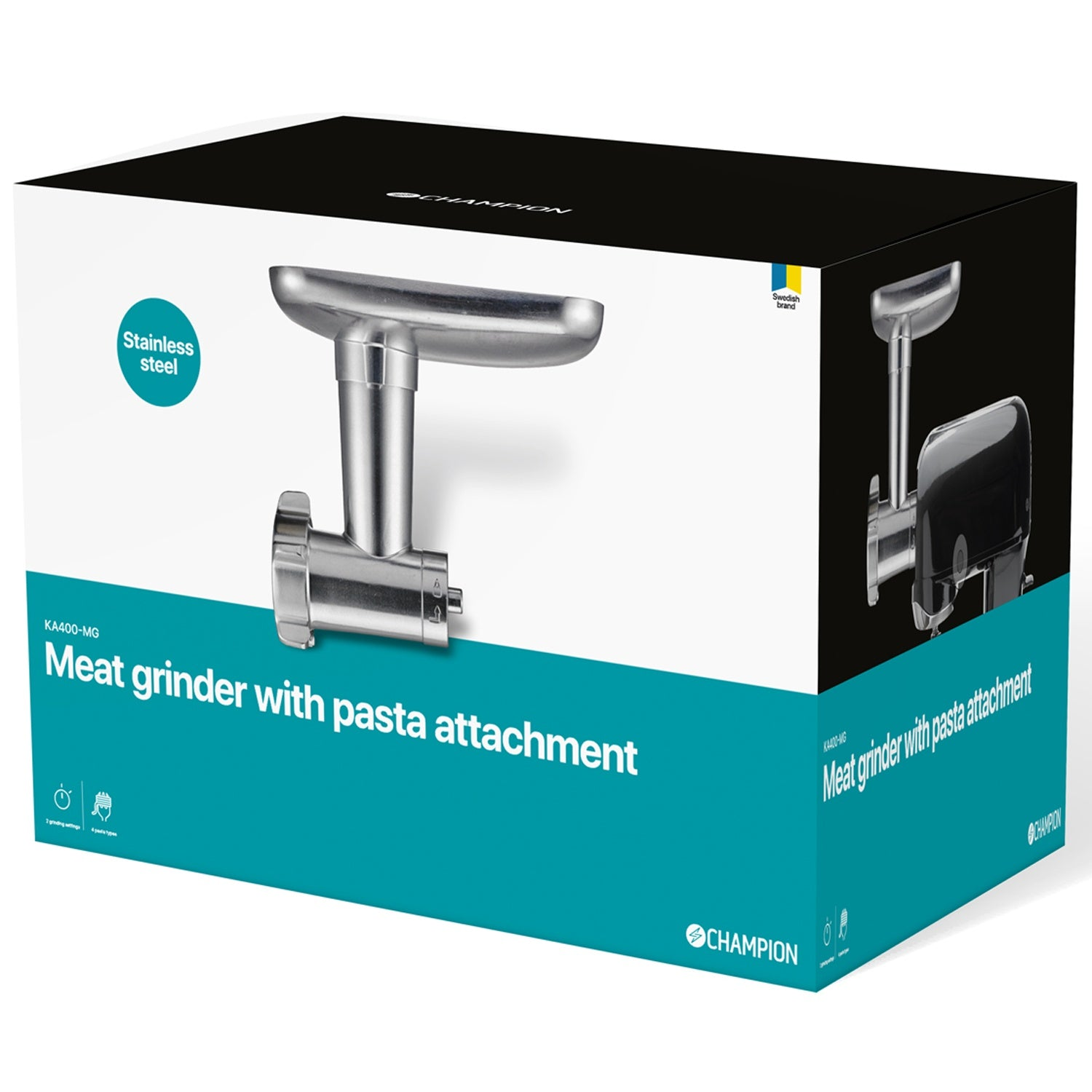 Packaging of a meat grinder with pasta attachment, stainless steel, Swedish brand.
