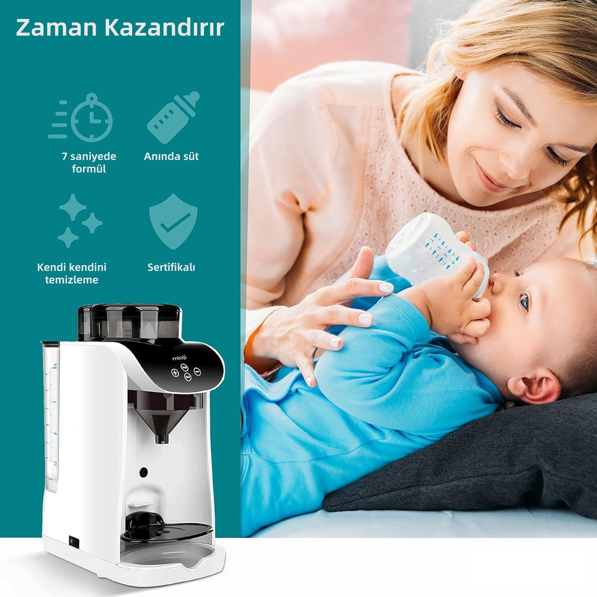 Bir kadın bebeği biberonla besliyor. Yanında beyaz bir biberon hazırlayıcı var.