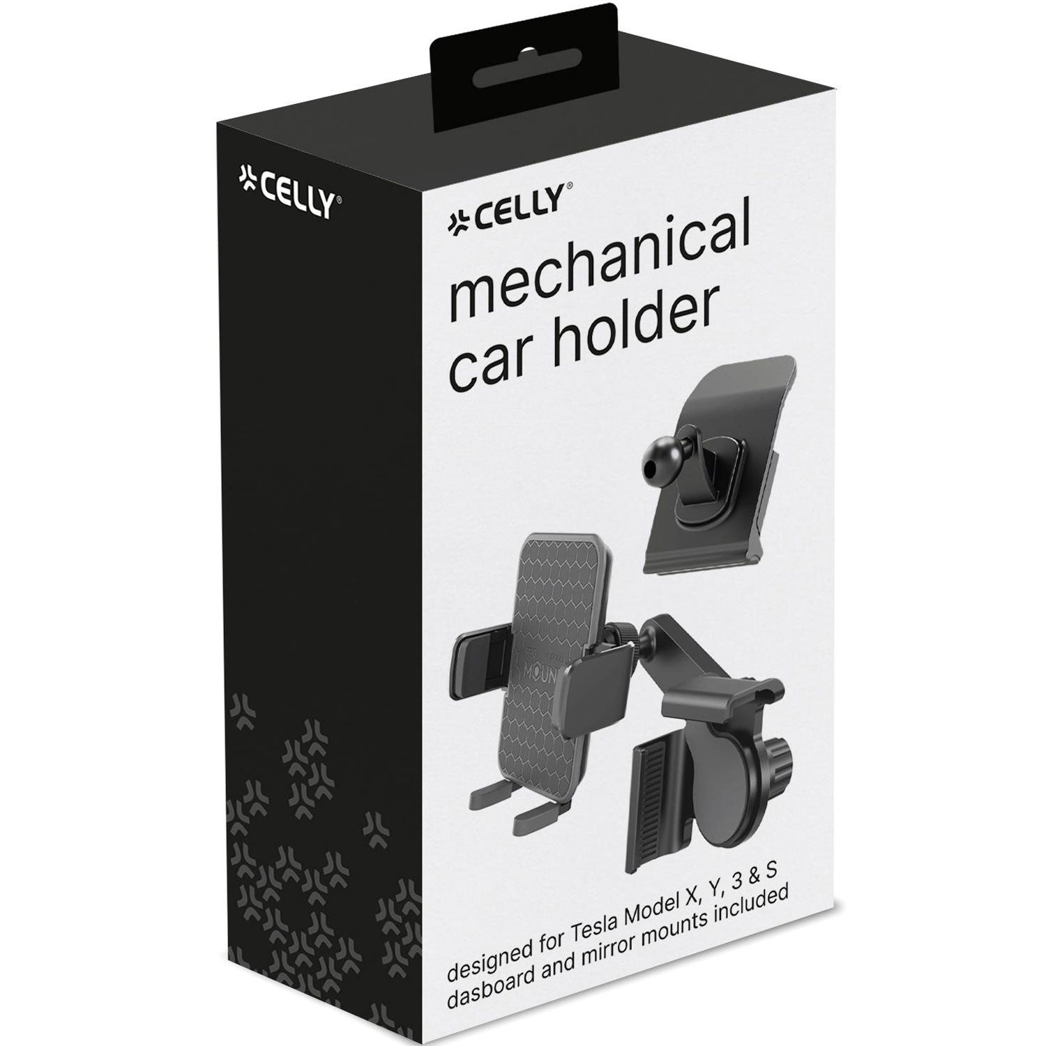 Doos voor Celly mechanische autohouder, toont houderonderdelen en compatibiliteit.