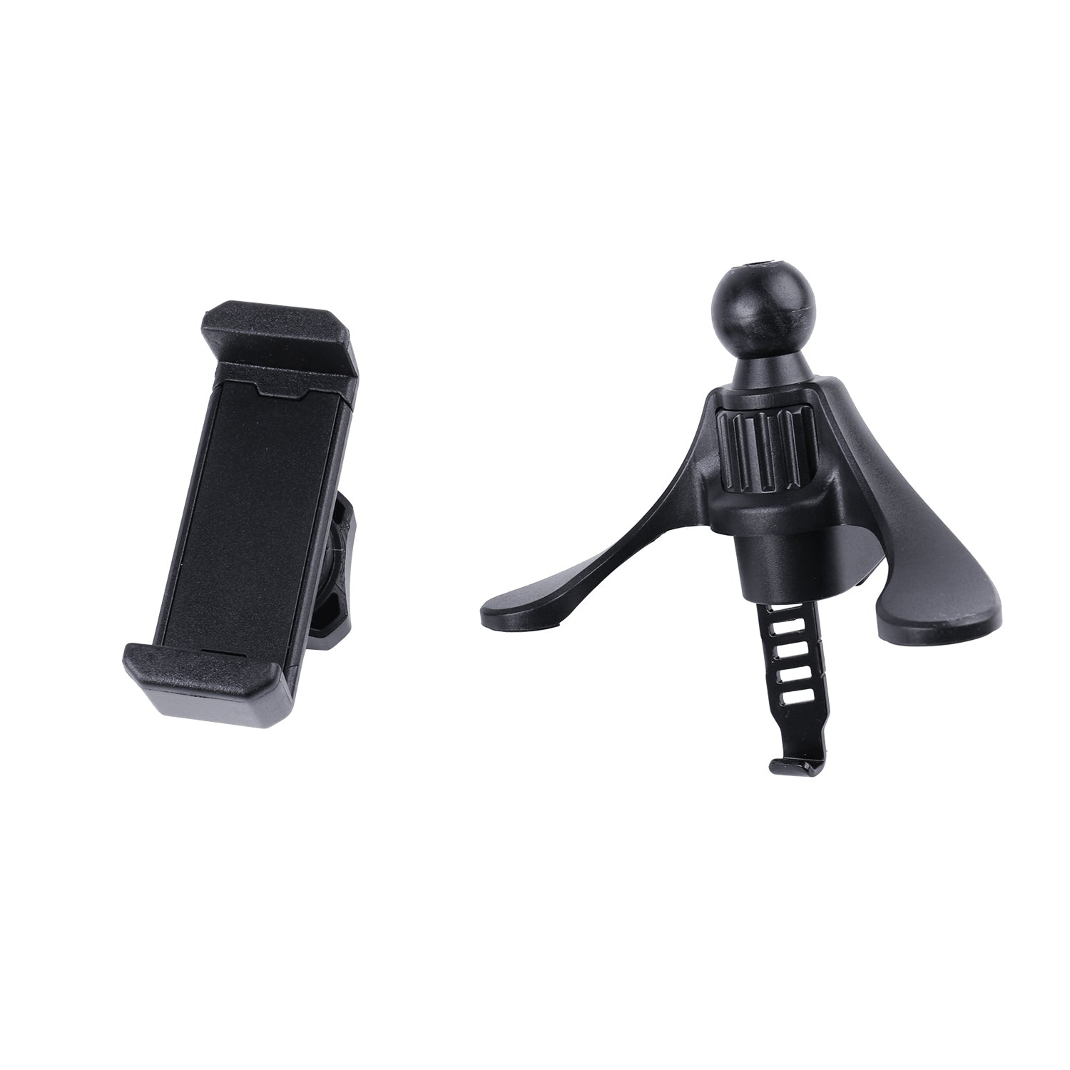 Zwarte plastic telefoonhouder en ventilatieroosterclip op witte achtergrond.