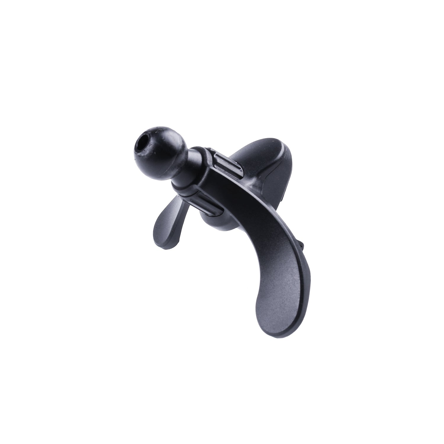 Een zwarte plastic draaiknop met een ronde handgreep en twee vleugels.