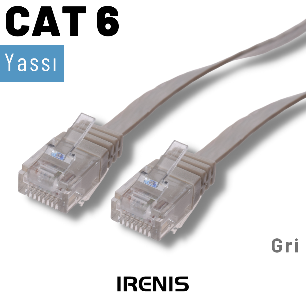 Beyaz arka planda şeffaf konektörlü iki gri CAT 6 ağ kablosu.