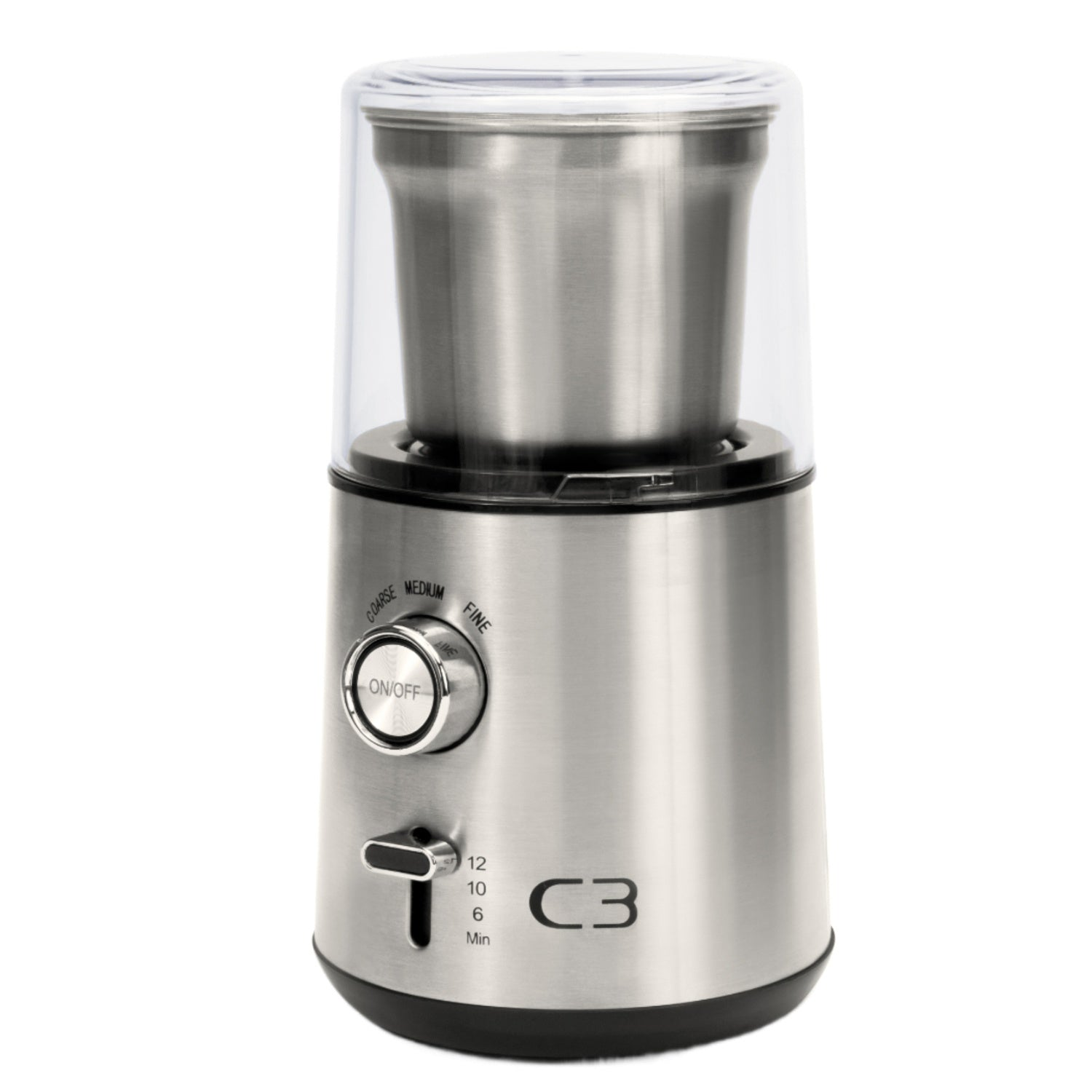 Stainless steel coffee grinder with clear lid and adjustment dial.