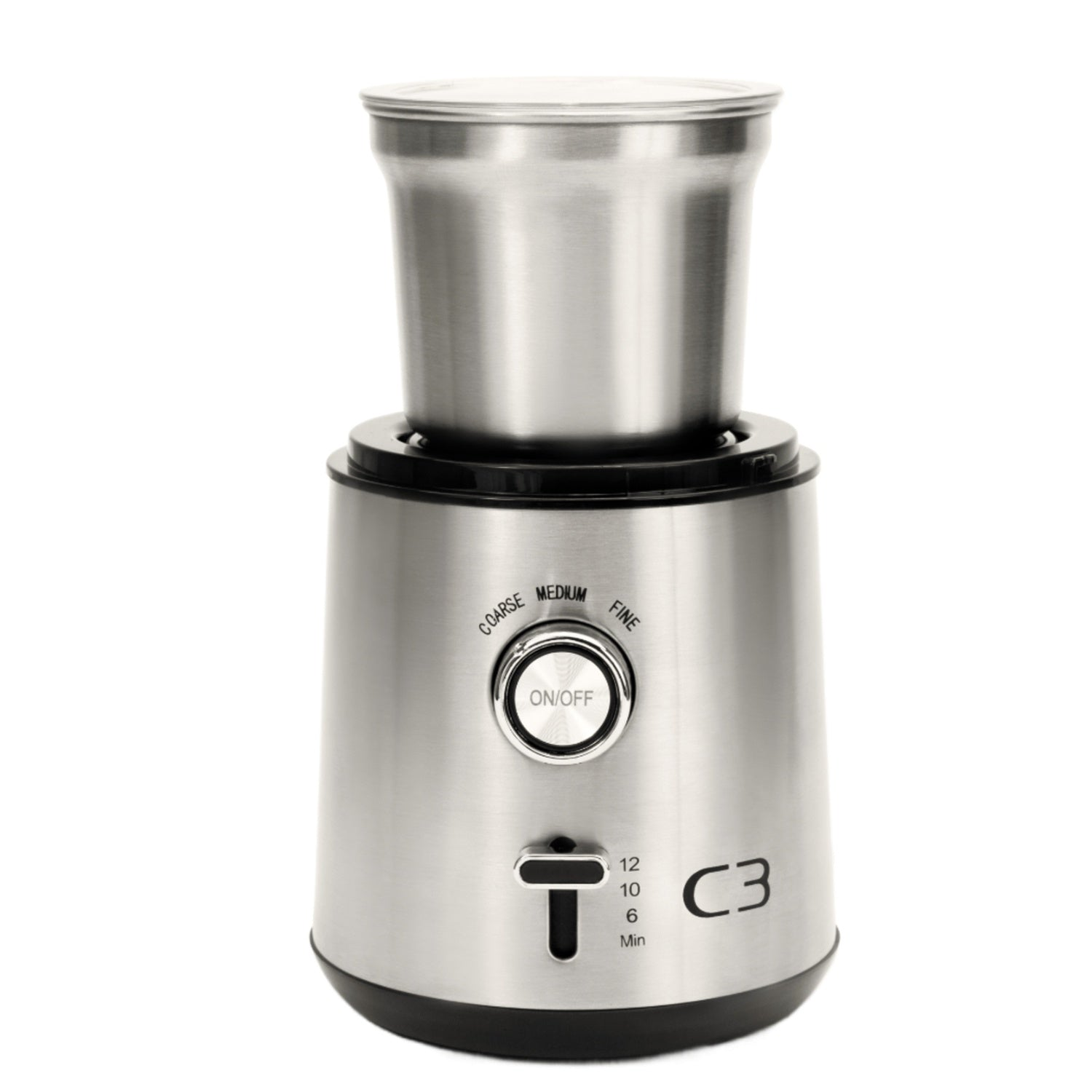 Stainless steel coffee grinder with timer settings and on/off button.